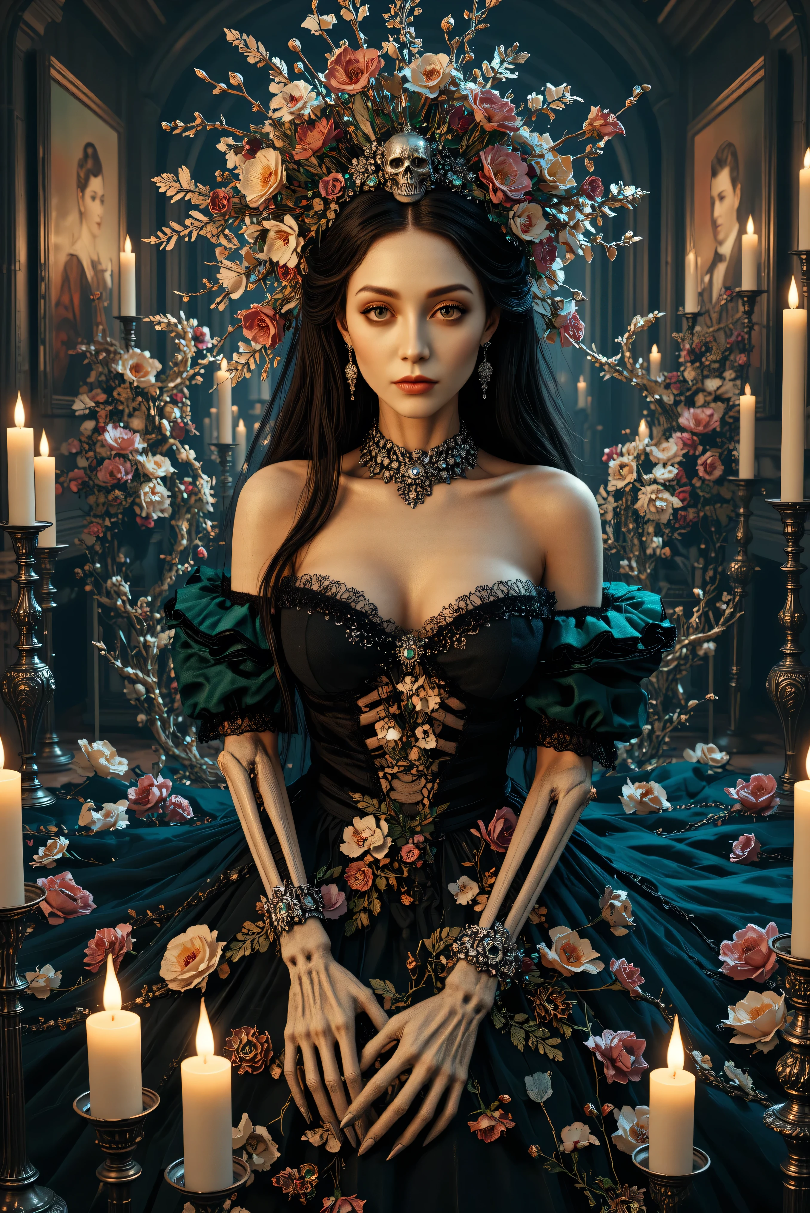 An ultra-realistic, photo-realistic, cinematic lighting and shadows, cinematic portrait, cinematic photography, realistic, hyperrealistic female figure with an intricate and skeletal face and body creates a dramatic and surreal impression. Her skin is pale, almost ghostly, stretching over her boney body, while her large bust is very noticable and partially visible to emphasize the rest of her skeletal frsme. The candle lighting highlights the porcelain-like texture of the skin, which is adorned with a series of elegant intricately carved silver antique ornaments around her neck and wrists and fingers. Her deep green attire, embroidered in ornate black trim around the edges, contrasts sickly against the pale skin, adding a pop of color and enhancing the eerie mood. Wisps of hair cascade in waves, adding softness to the overall angular and macabre composition. The atmosphere is one of haunting elegance, with a somber undertone that blends elements of dark fantasy and the grotesque. She has an allure and a hypersenual attractiveness mixed with a macabre and spooky nature with her classic black and deep green dress stuffed with dried flowets and brittle stems looking like they were stuffed in there fresh and sloely dried over time. 4k,highly detailed digital art, woman overflowing with flowers, human flora, highly detailed art, detailed dark fantasy art, floral/gothic skeletal madness, detailed gothic art, highly detailed fantasy art, psychedelic organic fantastical portrait, an ultra-attractive, ultra-spooky female sits surrounded by dozens of old drie flowers in vases and dozens of lit candles. The woman's form is a complex, mesmerizing combination of ivory porcelain skin intertwined with her dried botanical motifs. Her head is adorned with an elaborate headdress of silver metal and emeralds exploding into dried brittle foliage, creating an otherworldly crown. Large, wide-set green eyes and a skeletal grin give the face a haunting yet whimsical expression. Darkened dehydraded flowers and ornaments are embedded in the body, adding an enchanting feel to the serene, almost dreamlike ambiance. The scene captures an exquisite blend of nature and madness in a symphony of artistic imagination, evoking themes of transformation and the merging of humans snd vamires im the old world. N A woman sits amidst the solemn grandeur of a candle lit room, her presence accentuated by an elaborate black and green gown. The dress is richly adorned with intricate details and deep green frills, drawing the eye with her large bust and the luxorious background. Her dark, very long flowing hair cascades over her shoulders coming to an end at the bottom of her back. Large oil paintings hung on the wall of long deceased family members complementing the dramatic ambiance. She has expensive luxurious emerald set in silver jewelry matching her attire, adding a touch of elegance and mystery. Surrounding her are dark slime green candlesticks inside of antique silver candlesticks, their glowing flames casting a warm, flickering light that dances over the stone textures and arched architecture of the Victorian home. The gothic atmosphere is filled with shadows and depth, enhanced by the stones and the dead flowers around her, evoking a somber, introspective mood. The interplay of light and shadow is captured beautifully, creating an evocative and intriguing tableau. A striking look in her eyes adds an icy edge to her dramatic and surreal impression. Candle light and the moody atmosphere of the home is one of haunting spookiness with a very somber undertone that blends elements of meloncholic dark fantasy with a dry decayed elegance. Realistic and macabre, highest quality, UHDR, high-res, attention to facial features and textures, a masterpiece.an ultra-realistic, photo-realistic, ultra-detailed, raw photography, cinematic lighting and shadows, cinematic portrait, cinematic photography, realism, detailed facial features, intense expression, standing pose, pensive look, moody atmosphere, dramatic shadows, natural lighting, high-end studio, 8K, photorealistic, HDR, physically-based rendering, vivid colors, sharp focus