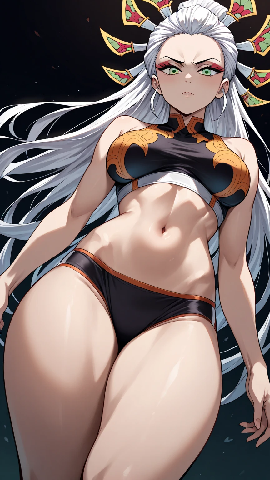 , without clothing, thigh-high boots, cowboy hat, vest, natural small , Pumped body, white hair,  ears, red eyes, angry face, wet skin, taned skin, soft thighs, rough skin , beach, sun, woman, solo, Bottom view,  