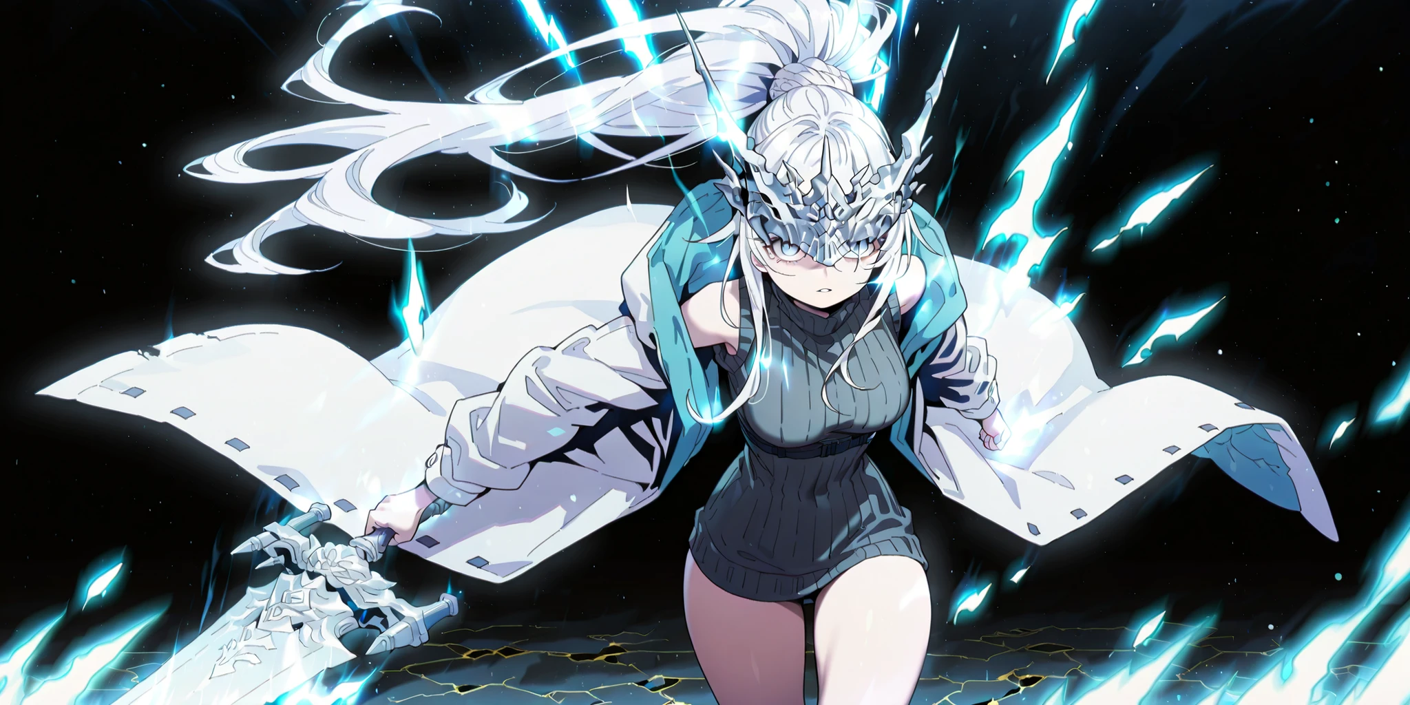 Alone, 1 girl, solitary female character, a young teenager about 1.5 meters tall. She stands alone against a deep black background, making her stand out vividly. Her physique and height are exactly like Terakomari Gandesblood from The Vexations of a Shut-In Vampire Princess.

She has long white hair tied in a ponytail, just like Sylpha Langlis from Tensei Shitara Dai Nana Ōji. The tips of her hair have an ethereal, white flame-like appearance.

Clothing and Accessories:
Her eyes are completely hidden behind a silver mask with the same design as the Frost Queen’s mask from Return of the Frozen Player. A silver mask identical to the Frost Queen’s mask from Return of the Frozen Player. A silver mask identical to the Frost Queen’s mask from Return of the Frozen Player. The mask covers the eyes. The mask covers the eyes. The mask covers the eyes. The mask covers the eyes.

She wears a black turtleneck sweater that extends halfway down her thighs. Her thighs and legs are exposed. The most important feature is her white coat with blue accents—identical in every detail to Amiya’s coat from Arknights: the same fabric, cut, blue highlights, length, hood design, zippers, and proportions (but entirely white). The coat fits properly, sliding off her arms and leaving her shoulders exposed.

Pose and Expression:
Black background, sexy pose, wide hips, medium breasts, slim waist, short body. She is a young girl conjuring a large white flame in one hand while holding an immense white greatsword with golden details in the other. The massive greatsword appears to be made of stone, with several cracks running along its broad, heavy blade, from which condensed energy radiates. Energy flows visibly from the cracks of the massive sword.

Atmosphere and Style:
Youthful energy. Ultra-detailed, sharp, clean anime style. Deep black background with cinematic lighting emphasizing her short stature and powerful aura. Perfect image, perfect face, perfect eyes, perfect anatomy.