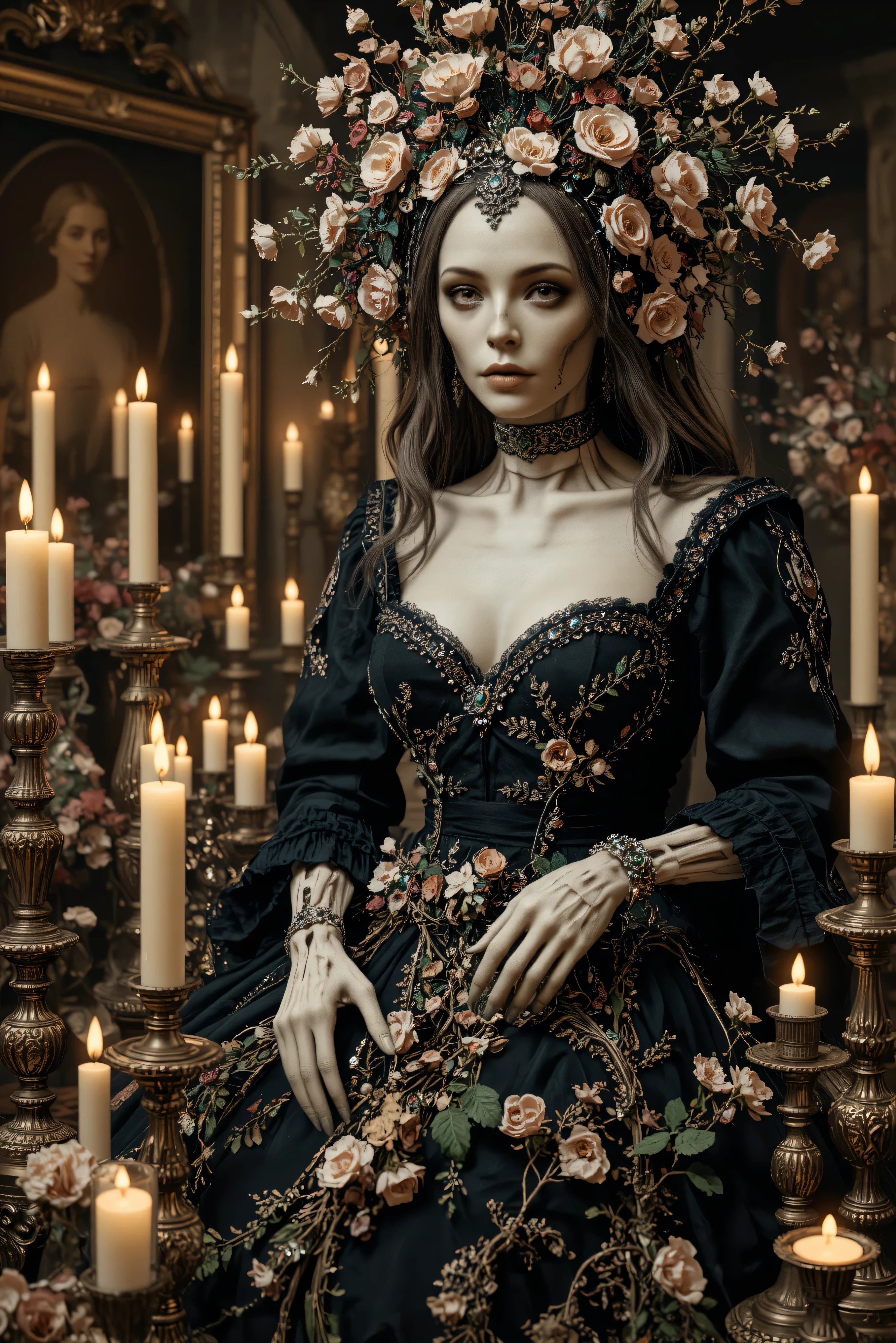 An ultra-realistic, photo-realistic, documentary style raw photography, icon style, iconic characters, 8k, cinematic lighting and shadows, cinematic portrait, cinematic photography, realistic, a hyper-realistic female gothic with an intricate and skeletal face and body creates a dramatic and surreal impression. Her skin is pale, almost ghostly, stretching over her boney body, while her large bust is very noticable and partially visible to emphasize the rest of her skeletal frame. The candle lighting highlights the porcelain-like texture of the skin, which is adorned with a series of elegant intricately carved silver antique ornaments around her neck and wrists and fingers. Her black and deep green attire, embroidered in ornate golden trim around the edges, contrasts sickly against the pale skin, adding a pop of color and enhancing the eerie mood. Wisps of hair cascade in waves, adding softness to the overall angular and macabre composition. The atmosphere is one of haunting elegance, with a somber undertone that blends elements of dark fantasy and the grotesque. She has an allure and a hypersenual attractiveness mixed with a macabre and spooky nature with her classic black and deep green dress stuffed with dried flowets and brittle stems looking like they were stuffed in there fresh and sloely dried over time. 4k,highly detailed digital art, woman overflowing with flowers, human flora, highly detailed art, detailed dark fantasy art, floral/gothic skeletal madness, detailed gothic art, highly detailed fantasy art, psychedelic organic fantastical portrait, an ultra-attractive, ultra-spooky female sits surrounded by dozens of old drie flowers in vases and dozens of lit candles. The woman's form is a complex, mesmerizing combination of ivory porcelain skin intertwined with her dried botanical motifs. Her head is adorned with an elaborate headdress of silver metal and emeralds exploding into dried brittle foliage, creating an otherworldly crown. Large, wide-set green eyes and a skeletal grin give the face a haunting yet whimsical expression. Darkened dehydraded flowers and ornaments are embedded in the body, adding an enchanting feel to the serene, almost dreamlike ambiance. The scene captures an exquisite blend of nature and madness in a symphony of artistic imagination, evoking themes of transformation and the merging of humans snd vamires im the old world. N A woman sits amidst the solemn grandeur of a candle lit room, her presence accentuated by an elaborate black and green gown. The dress is richly adorned with intricate details and deep green frills, drawing the eye with her large bust and the luxorious background. Her dark, very long flowing hair cascades over her shoulders coming to an end at the bottom of her back. Large oil paintings hung on the wall of long deceased family members complementing the dramatic ambiance. She has expensive luxurious emerald set in silver jewelry matching her attire, adding a touch of elegance and mystery. Surrounding her are dark slime green candlesticks inside of antique silver candlesticks, their glowing flames casting a warm, flickering light that dances over the stone textures and arched architecture of the Victorian home. The gothic atmosphere is filled with shadows and depth, enhanced by the stones and the dead flowers around her, evoking a somber, introspective mood. The interplay of light and shadow is captured beautifully, creating an evocative and intriguing tableau. A striking look in her eyes adds an icy edge to her dramatic and surreal impression. Candle light and the moody atmosphere of the home is one of haunting spookiness with a very somber undertone that blends elements of meloncholic dark fantasy with a dry decayed elegance. Realistic and macabre, highest quality, UHDR, high-res, attention to facial features and textures, a masterpiece.