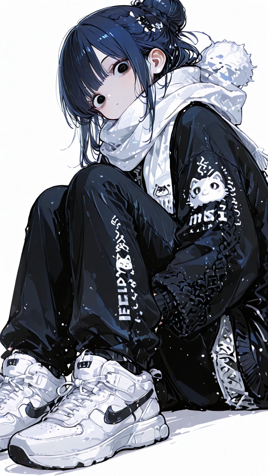 (masutepiece:1.2, Best Quality),  [1 girl in, expressioness, Turquoise eyes, jet-black hair, half short cut hair,White Jacket,jacket comes off, leaning forward hands on knees ,Upper body]