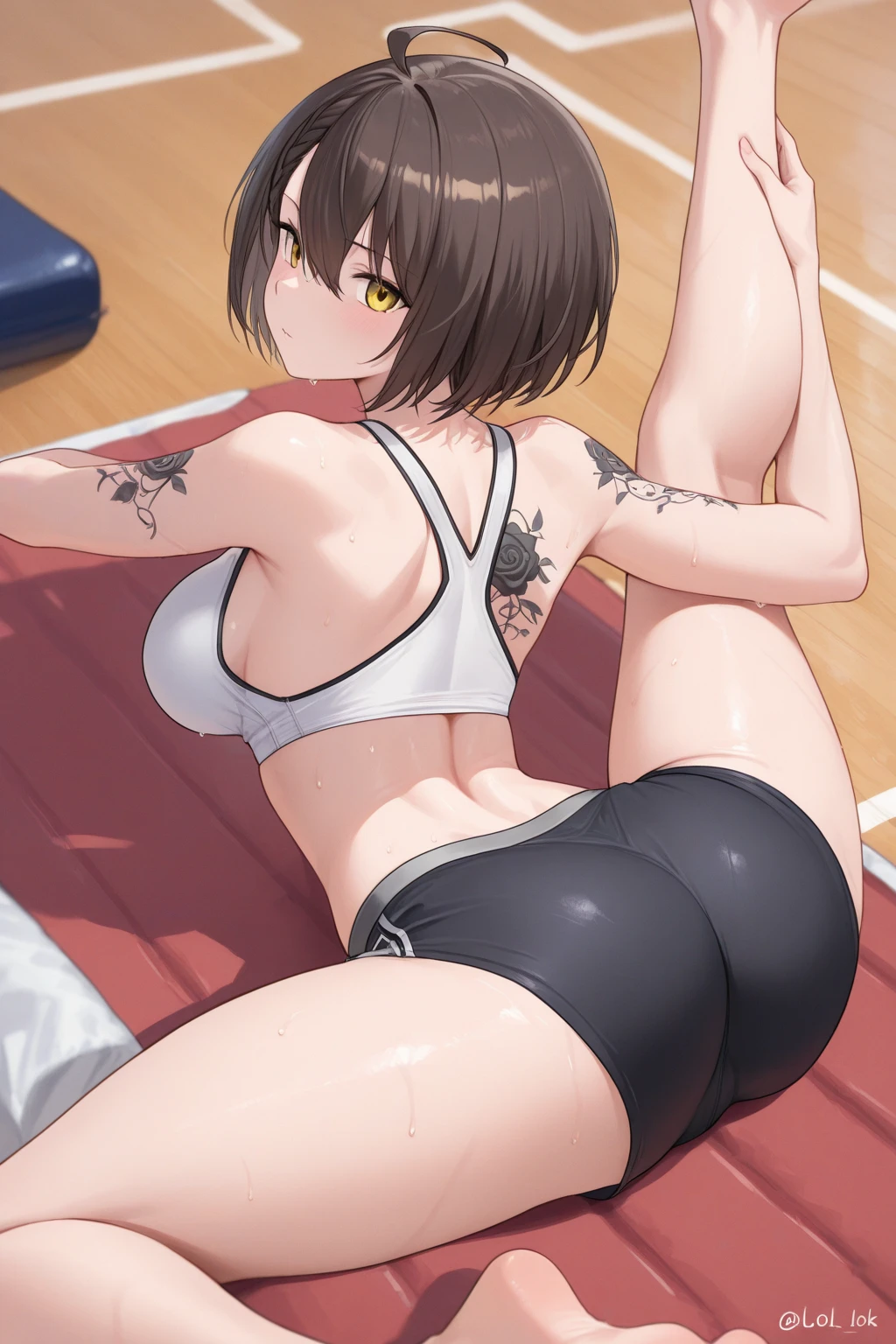 full body photographed、​(highly detailed:1.2) ,masterpiece、top-quality,hight resolution、Dark hair、Big eyes、High leg cut swimsuit、white sporty boots、Sweaty skin、Professional wrestling venues、professional wrestling、（（On the ring of professional wrestling：1.3））、Red face、45 year old woman,Mature Woman （(on stomach：1.2））、（small :1.4）、Embarrassed look,Mam,Japanese,toppless,Nipples,photographed from the back、showing butt,Shy,Black nipples,Naked,Boxer,skiny,screaming,crying,mouth open,sweating,Steam,look down,Syncope:1.3,knocked out