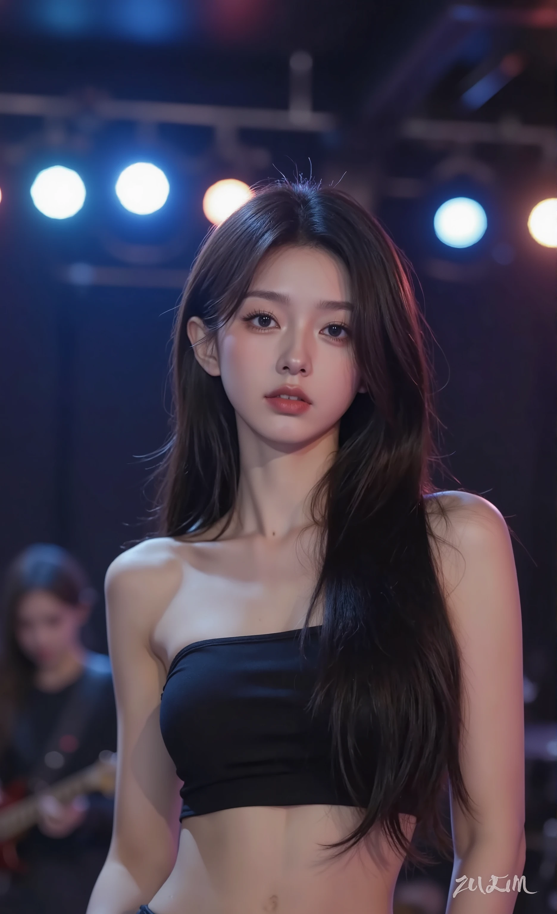 Heavy metal band, anthem, live house stage, vocalist, colorful stage lights, ((masterpiece)), ((best quality)), (ultra-detailed), ((beautiful eyes)), Japanese female, (slender:1.3), ((30 years old)), beautiful, (flat chest:1.5),