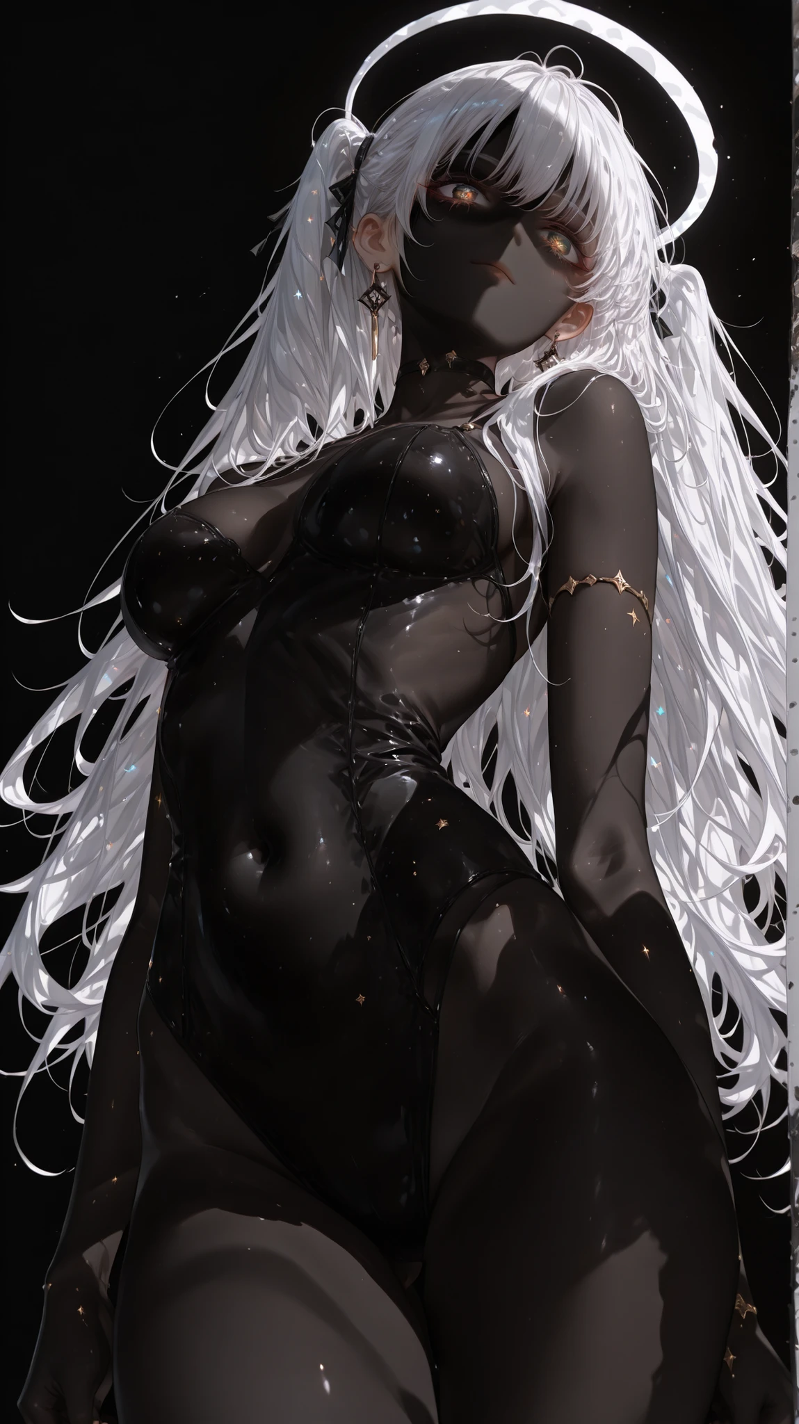 masterpiece, ultra-detailed:1.2, official art, high definition, depth of field, vibrant colors, masterpiece, 8K, high-quality, best quality,

Super realistic, hyper realistic, super detailed atmosphere, 



dark_art_style,dark_light_style,artist:kazutake_hazano, artist:danimaru,[artist:ask_(askzy)], artist:wanke, artist:wlop, artist:fujiyama, artisit:yuyu_(yuyuworks)，artist:hiten_(hitenkei),atrisit:dishwasher1910,in style of ashley wood,in the style of Alex Hirsch,in style of American McGee, 1girl,(shadow face,shadow body,剪影.black background,big long hair,white hair:1.4),(from below"1.6)





, extreme perspective, foreshortening, dynamic pose, 