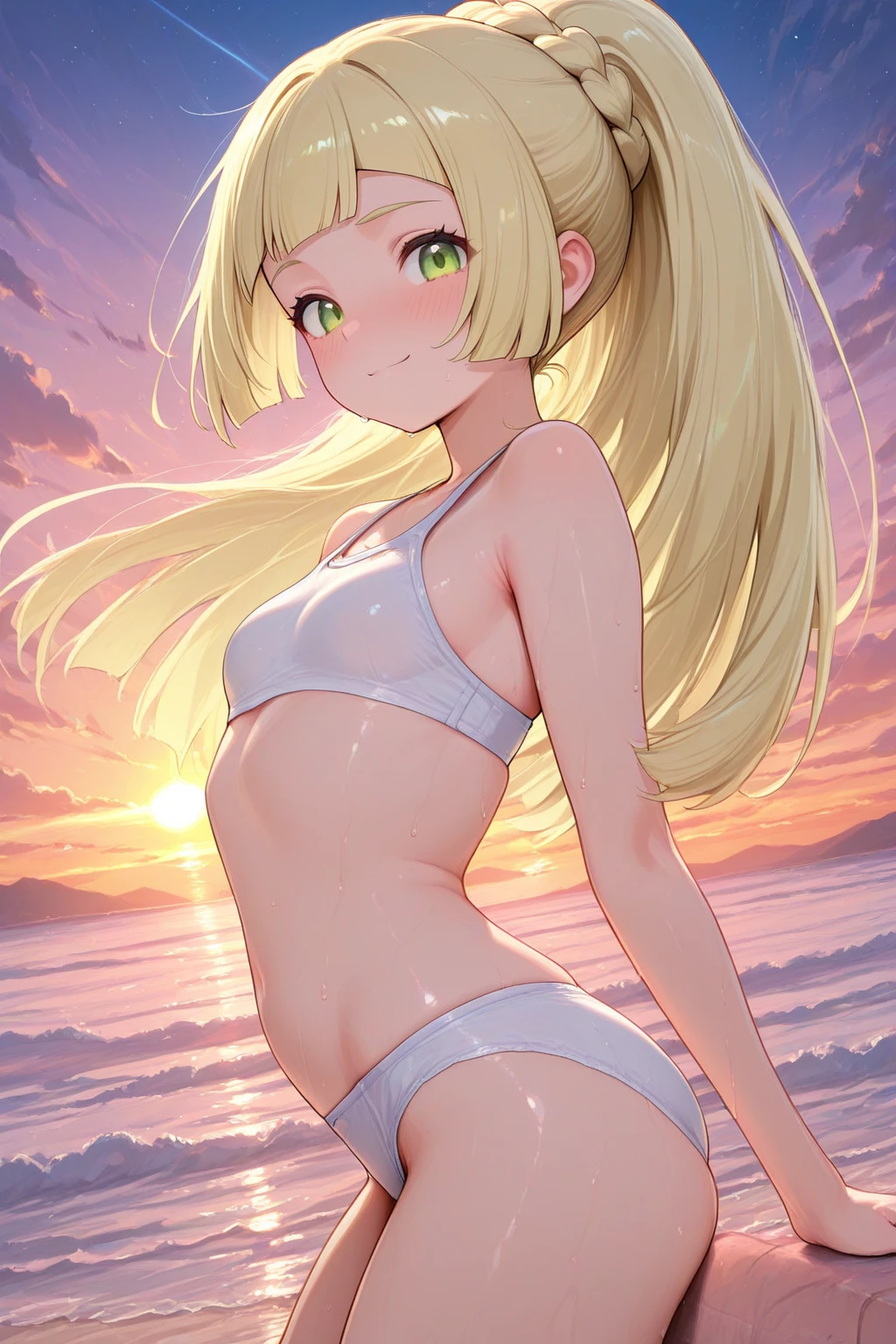 ????,1 person,Sweat,White Breath,solo,,Pokémon,Lillie,Groin bulge,??????,Swimwear,Valley visible,Leaning forward,ponytail,??????