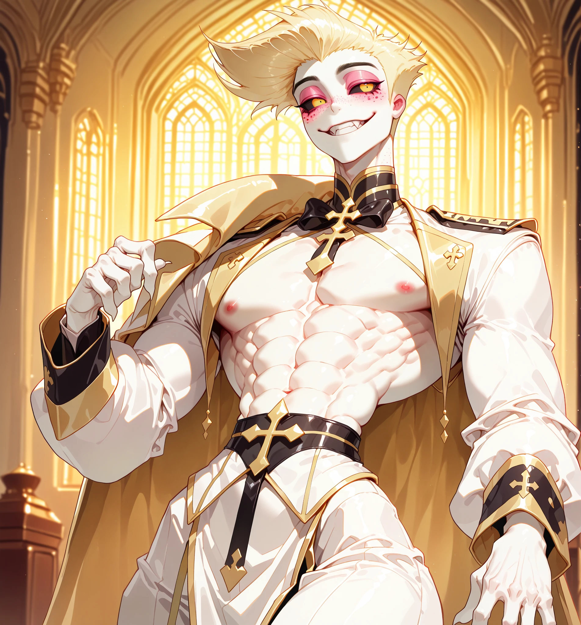 ????, ((​masterpiece)), ((Best Quality)), ((extremely delicate and beautiful)), ((Completely and perfect body)), (Perfect and delicate 2 hands with 5 fingers),
 ((In the church of evil at night)), (((One beautiful adult man with blonde hair and red eyes is evil demon))), ((He is standing proudly and showing off his big ????? ????? hard)), (evil magic circle that shines ominously purple), He is wearing a white cloak, He wears a black chain choker that glitters ominously, (empty eyes, drooling, evil smile), slender, well-muscled, flat ?????, He has a glowing heart-shaped magic circle tattoo on the center of his ?????, (Blush with aroused), Lower ??????????, His body has no pubic hair at all, Focus on character,