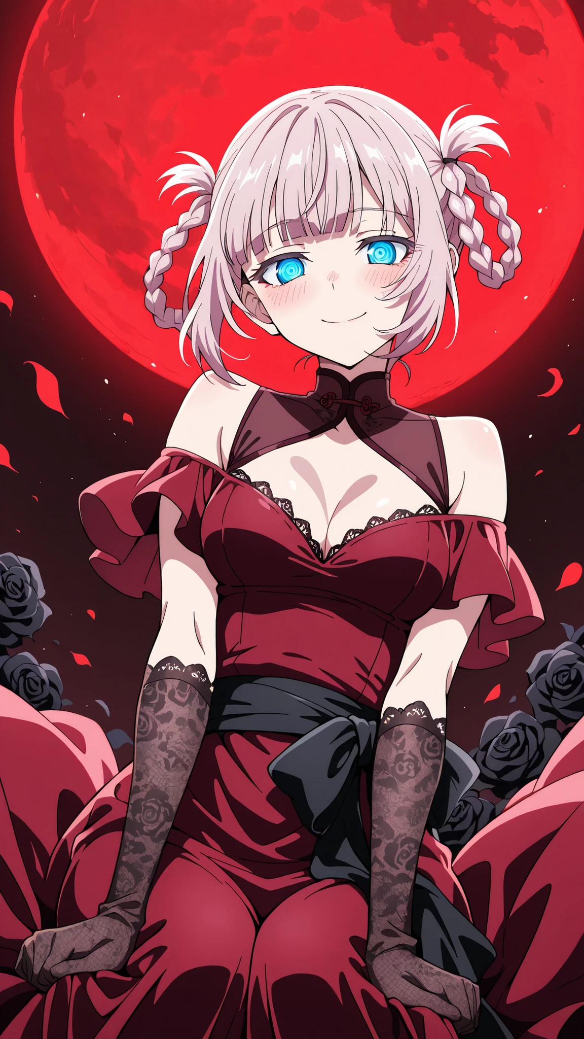BREAK (masterpiece:1.2), best quality, high resolution,8k wallpaper, (illustration:0.8), (beautiful detailed eyes:1.6),Anime-style field of black roses stretching to the horizon under a deep red sky, rolling fog glowing faintly crimson, soft wind moving dark petals, surreal and poetic mood, no people,cleavage,medium , long dark-red dress with subtle transparency in the fabric, off-shoulder cut, black sash tied at the waist, hair slightly messy from the wind, delicate lace gloves, soft melancholic expression, nazuna nanakusa, short hair, bangs, blue eyes, pink hair, braid, blunt bangs, hair rings, ringed eyes,cowboy shot,looking at viewer,smile,blush,from below,sitting in a squatting pose, sensual curves emphasized,alluring gaze, detailed body,ultra realistic, 4k,