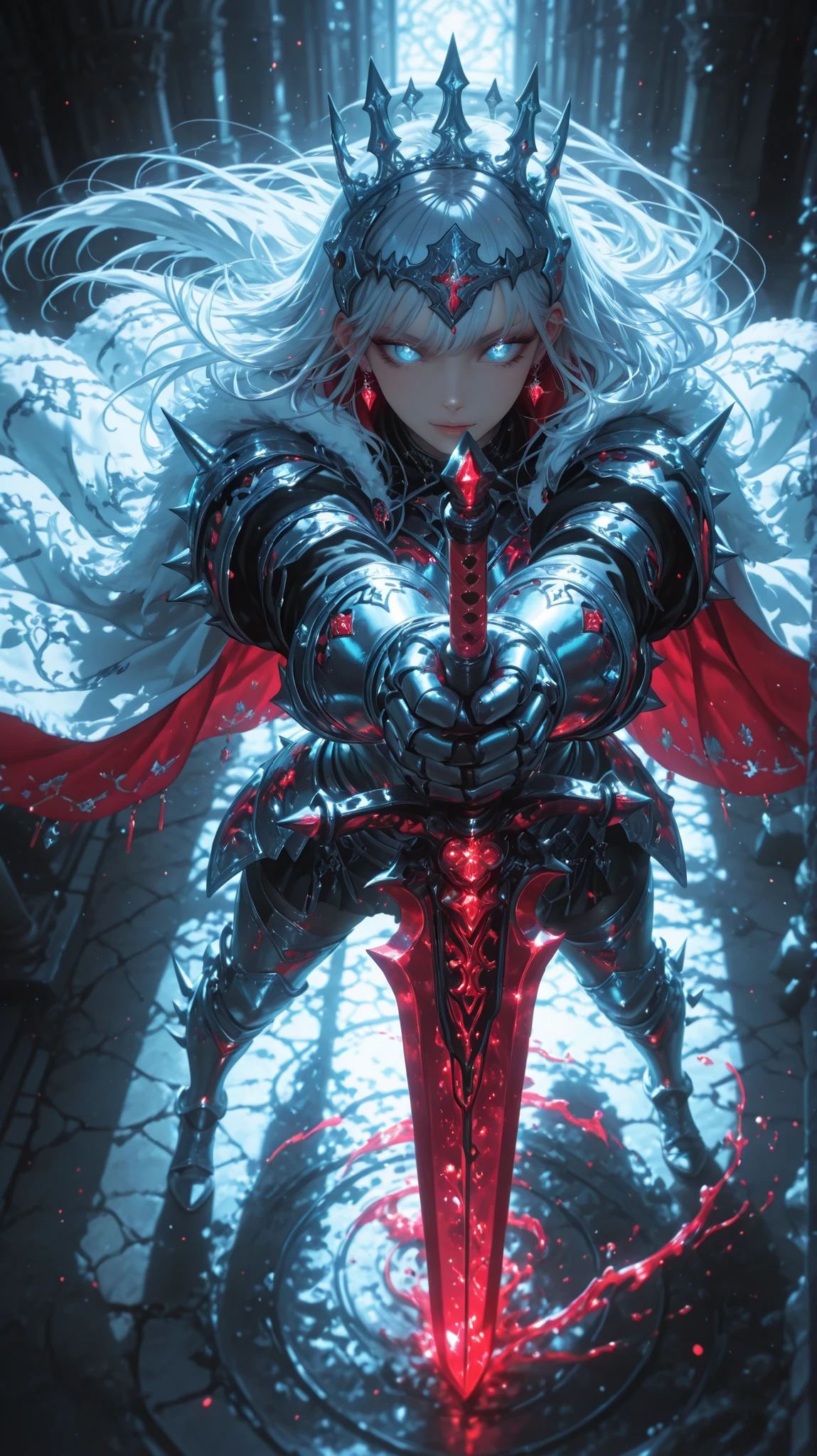 masterpiece, ultra-detailed:1.2, official art, high definition, depth of field, vibrant colors, masterpiece, 8K, high-quality, best quality,
Super realistic, hyper realistic, super detailed atmosphere,
Majestic anime warrior princess in dark ornate armor, long silver-white flowing hair, piercing icy blue eyes, standing proudly with a massive two-handed sword held vertically in front of her. Her armor is detailed with gothic spikes, metallic textures, dark silver tones, and glowing red crystal accents. Elaborate crown-like headpiece with blade-like decorations. White flowing cape behind her, subtle magical particles in the air, calm yet powerful atmosphere. High fantasy setting, soft lighting, ultra detailed, epic mood, anime style, full-body centered portrait.
, extreme perspective, foreshortening, dynamic pose, m1cha