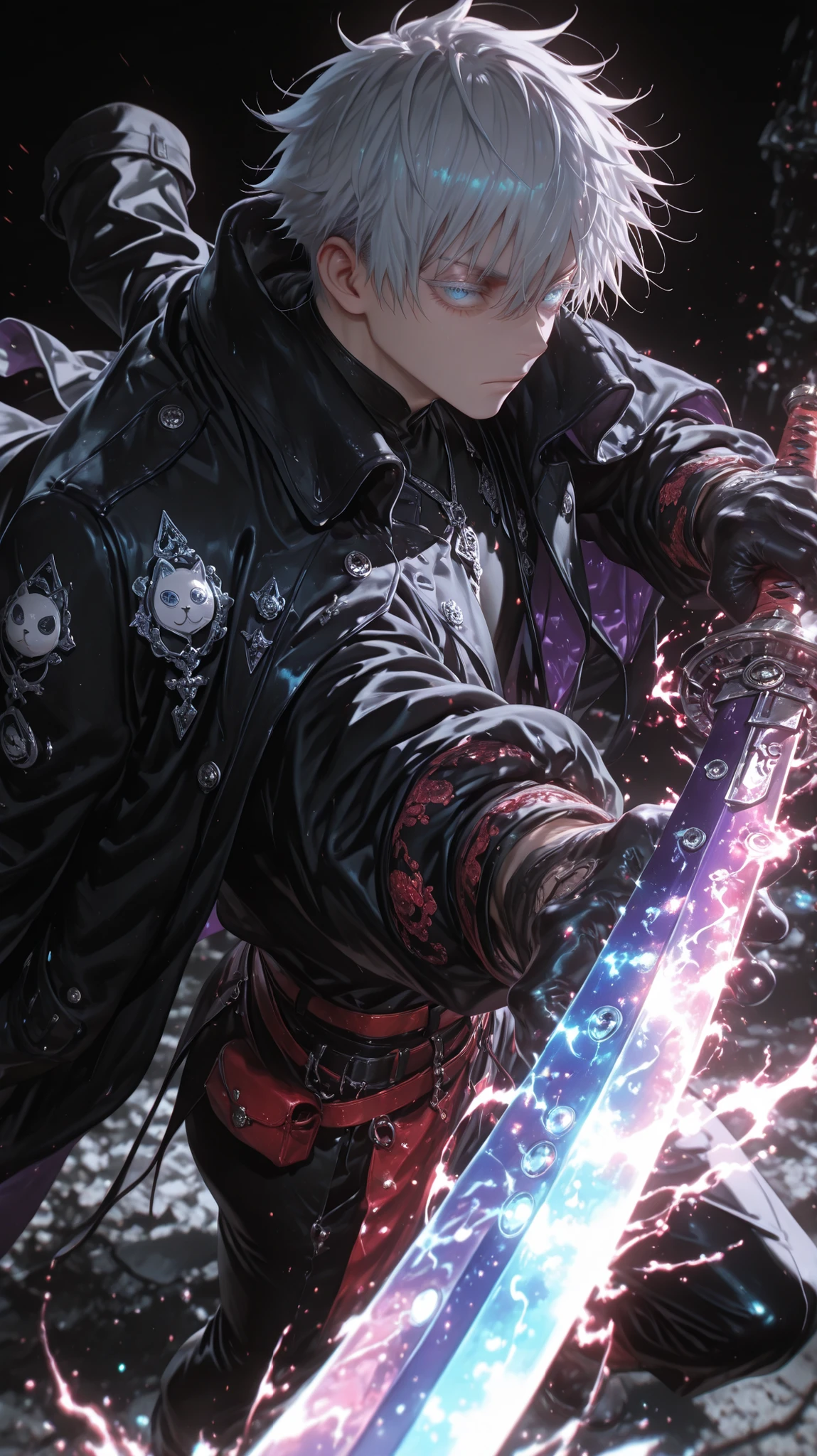 masterpiece, ultra-detailed:1.2, official art, high definition, depth of field, vibrant colors, masterpiece, 8K, high-quality, best quality,
Super realistic, hyper realistic, super detailed atmosphere,
1boy, Gojou Satoru, Jujutsu Kaisen, blue eyes, white eyelashes, white hair, short hair, hair between eyes, rei \(sanbonzakura\), torino aqua, suou (sdurorhr), from above, from side, foreshortening, black gloves, Male Fantasy Clothes, coat on shoulders, black coat, black shirt, black pants, cool, high fashion, intricate clothing, embroidery, jewerlry, closed mouth, holding sword, purple sword, thunder sword, glowing sword, red and blue energy, serious, black background, depth of field, cinematic, masterpiece, best quality, very aesthetic, absurdres, newest
extreme perspective, foreshortening, dynamic pose,