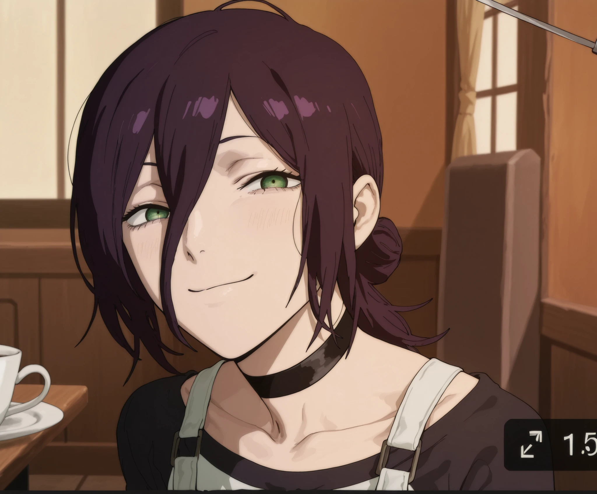 POV,from side,close-up,(reze (chainsaw man), chainsaw man,wuthering waves)),{artstyle: ((iwao178,,banssee,one-punch man,murata yuusuke)),modare, tenchisouha},simple shading,((cel shading,anime coloring,anime screencap,thick lineart)), masterpiece, best quality, amazing quality,young girl, ((huge breasts, perky breasts)),narrow waist, slim body,skinny body, masterpiece,1girl,solo,looking at viewer, apron,two-tone_shirt, white shirt, black sleeves, collarbone, choker,smile,half-closed_eyes,closed mouth,facing down,