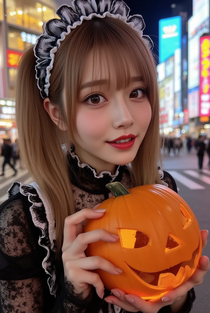 (8K, Raw photo:1.2)Detailed face and eyes,Best Quality, 超A high resolution, Highly detailed ,intricate detailes ,masutepiece ,Cute Girl , Soft cinematic light, Hyper-detailing,Sharp Focus, High quality,  Halloween, Jack-o'-lantern, tits out, a blond, Bob Hair, bob cuts, Pumpkin Cap,Pumpkin 