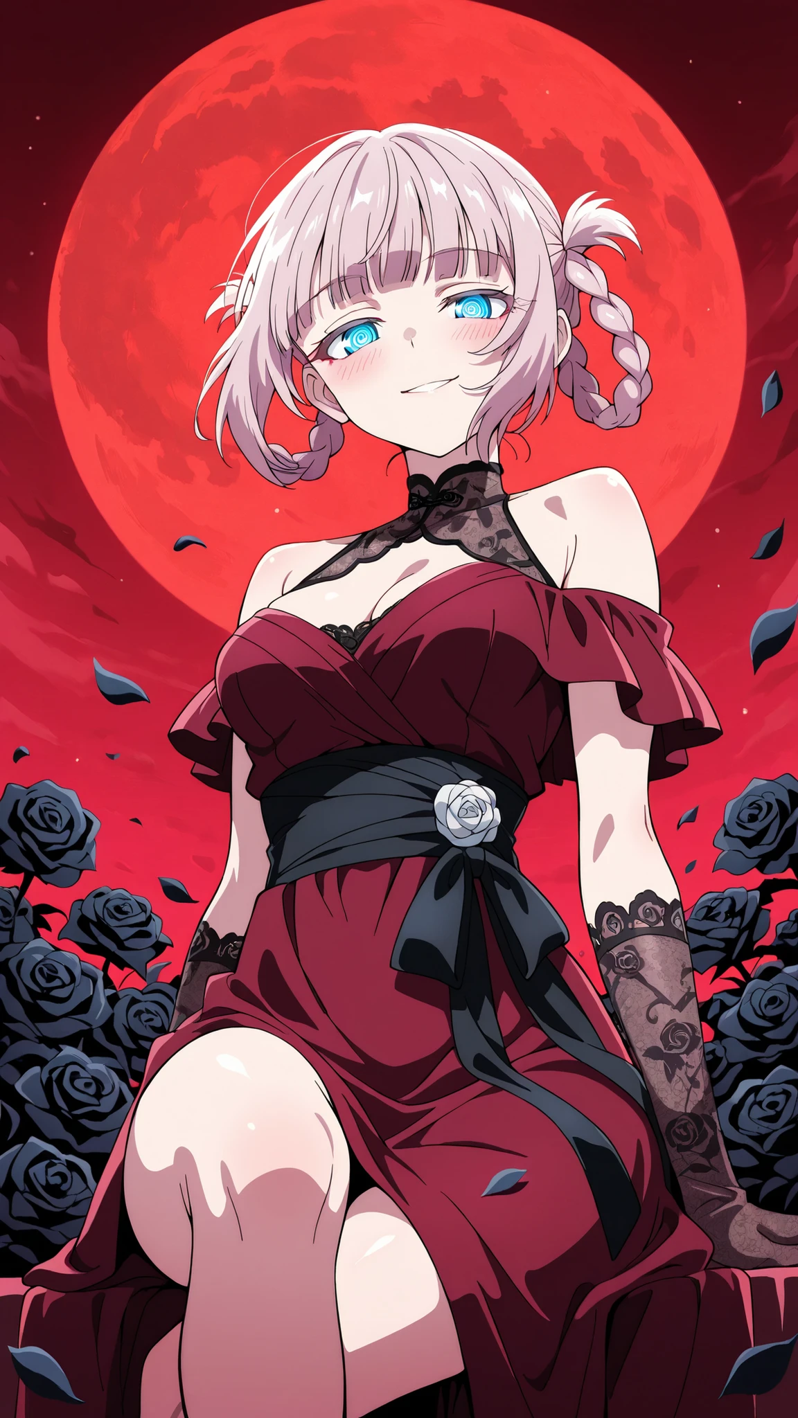 BREAK (masterpiece:1.2), best quality, high resolution,8k wallpaper, (illustration:0.8), (beautiful detailed eyes:1.6),Anime-style field of black roses stretching to the horizon under a deep red sky, rolling fog glowing faintly crimson, soft wind moving dark petals, surreal and poetic mood, no people,cleavage,medium , long dark-red dress with subtle transparency in the fabric, off-shoulder cut, black sash tied at the waist, hair slightly messy from the wind, delicate lace gloves, soft melancholic expression, nazuna nanakusa, short hair, bangs, blue eyes, pink hair, braid, blunt bangs, hair rings, ringed eyes,cowboy shot,looking at viewer,smile,blush,from below,sitting gracefully, pose, crossed legs, slightly arched back, soft gaze, detailed curves, high detail, 4k illustration