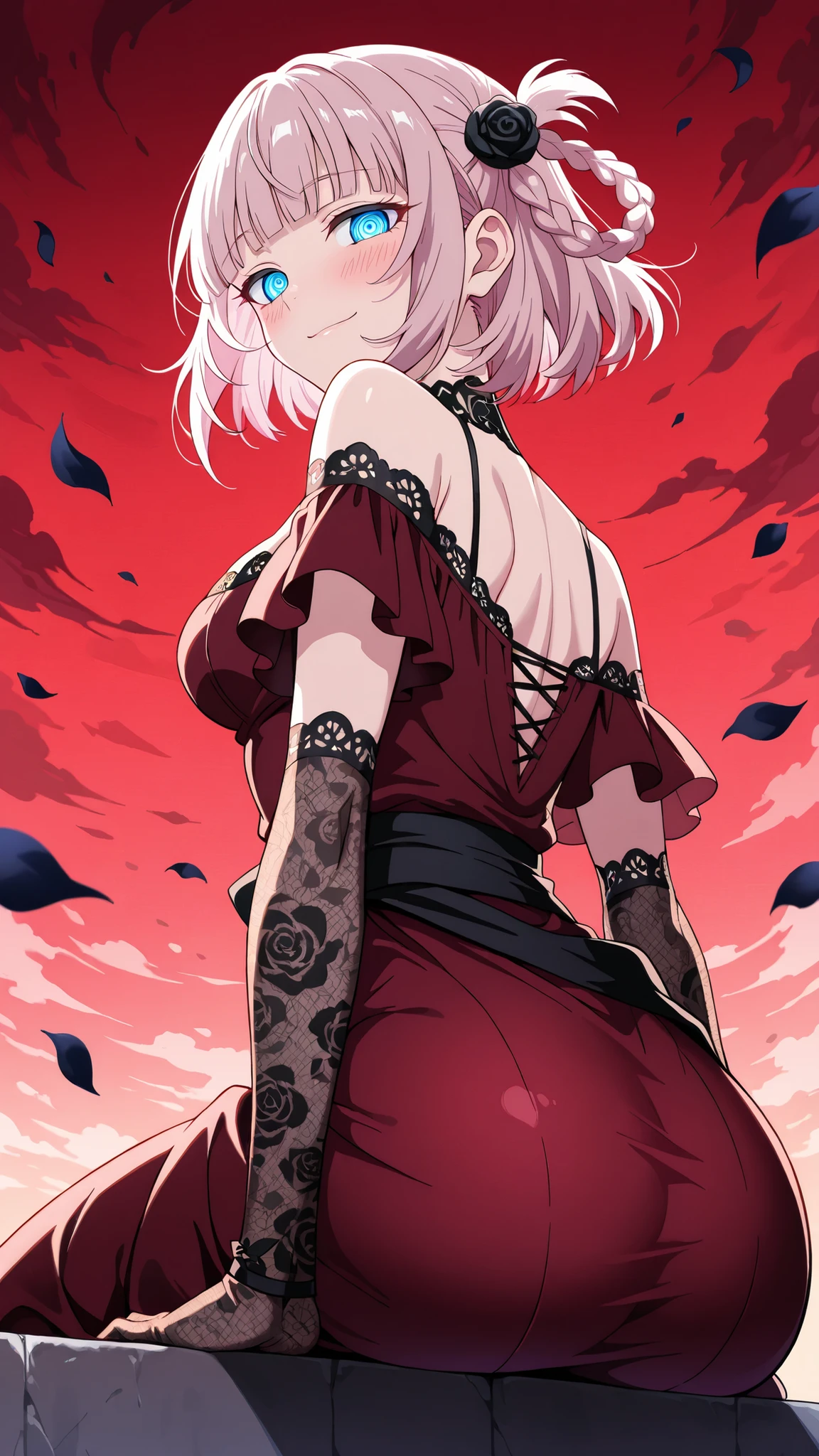 BREAK (masterpiece:1.2), best quality, high resolution,8k wallpaper, (illustration:0.8), (beautiful detailed eyes:1.6),Anime-style field of black roses stretching to the horizon under a deep red sky, rolling fog glowing faintly crimson, soft wind moving dark petals, surreal and poetic mood, no people,cleavage,medium , long dark-red dress with subtle transparency in the fabric, off-shoulder cut, black sash tied at the waist, hair slightly messy from the wind, delicate lace gloves, soft melancholic expression, nazuna nanakusa, short hair, bangs, blue eyes, pink hair, braid, blunt bangs, hair rings, ringed eyes,cowboy shot,looking at viewer,smile,blush,from below,sitting in a squatting pose, sensual curves emphasized,alluring gaze, detailed body,ultra realistic, 4k,from behind,back shot,