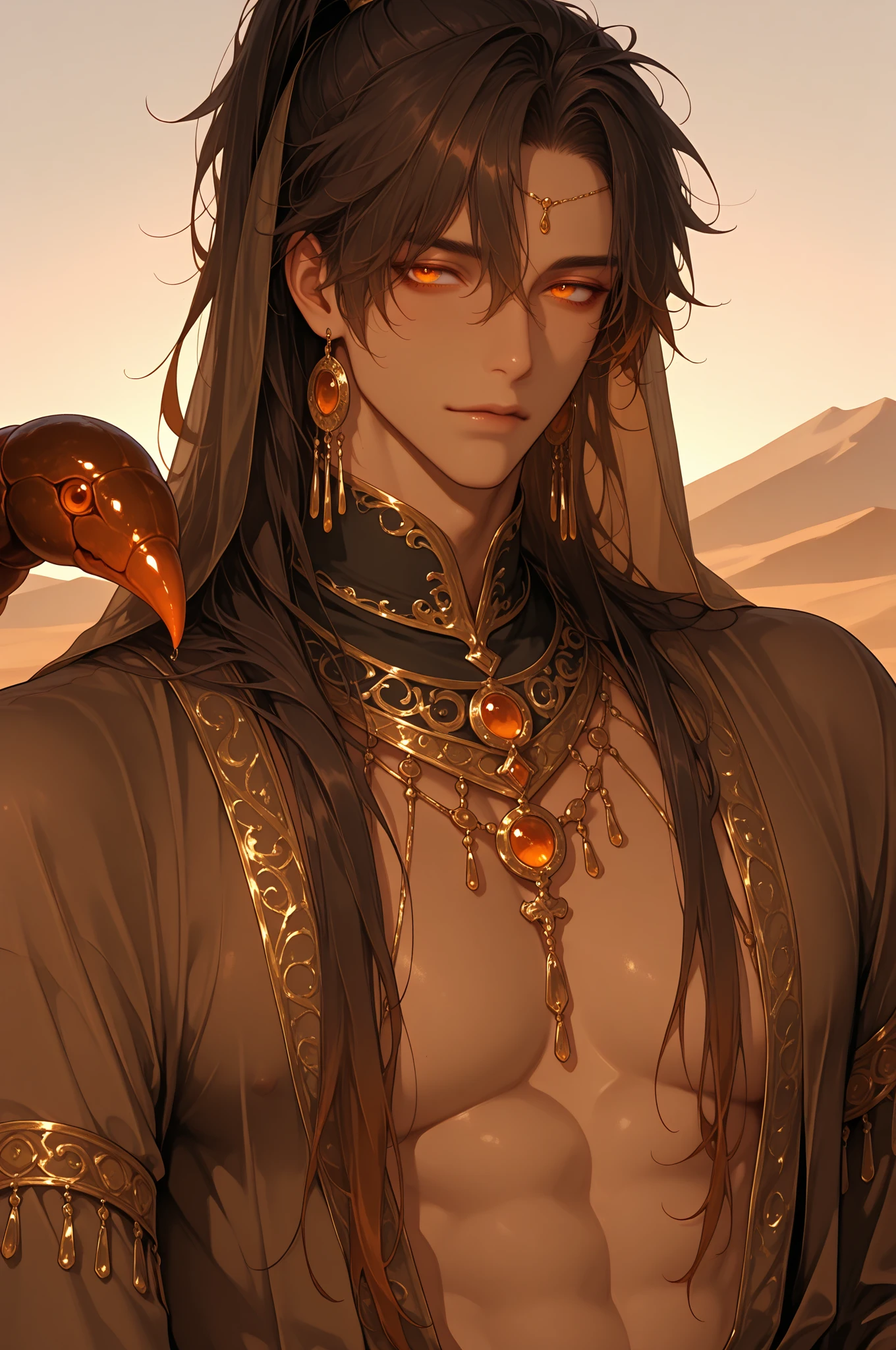 au \(d elete\, <lora:au_d_elete_offset:1>, 1boy, black hair, dark-skinned male, dark skin, earrings, gloves, jewelry, male focus, necklace, open mouth, solo, tentacles, yellow eyes, snakes, scales, robe, hood, eastern robes, hooded robe, gold trim, disdain, light frown