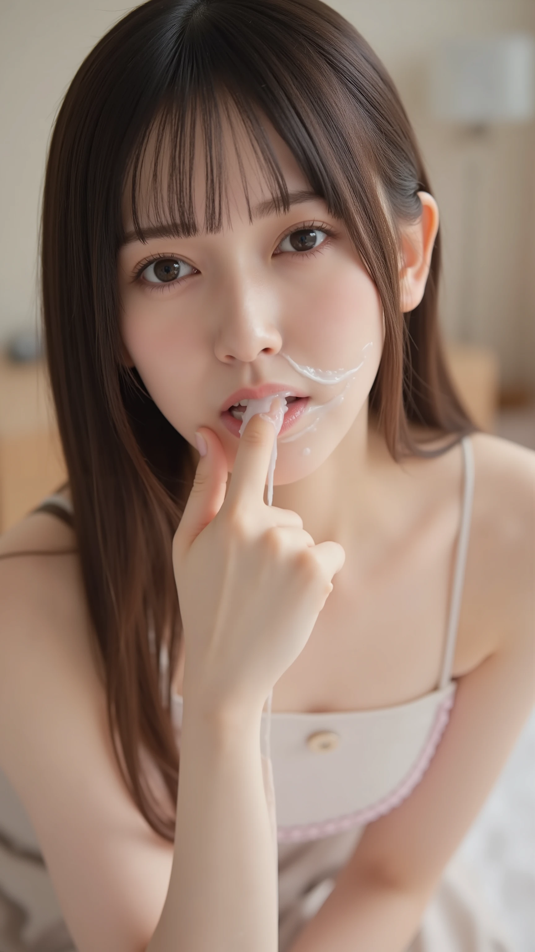 high resolution photo,masterpiece after sex,A young Japanese woman,to open her mouth slightly,Gracefully place one finger around her mouth pointing at the white semen in her mouth,Playful movements ,slim figure,Air Bangs,light brown long straight hair,Wear a low-cut bandeau top,showing cleavage and shoulders,Lean in and approach,subjective point of view,first-person view,has white liquid on her face,The mouth is filled with a white liquid,There are lots of traces of white liquid on her clothes and legs,Expression after sex,Delicate Skin Texture,soft light in the room,Ultra HD Details,16k Ultra High Resolution,moist hair,close-up from her elbow to her hands