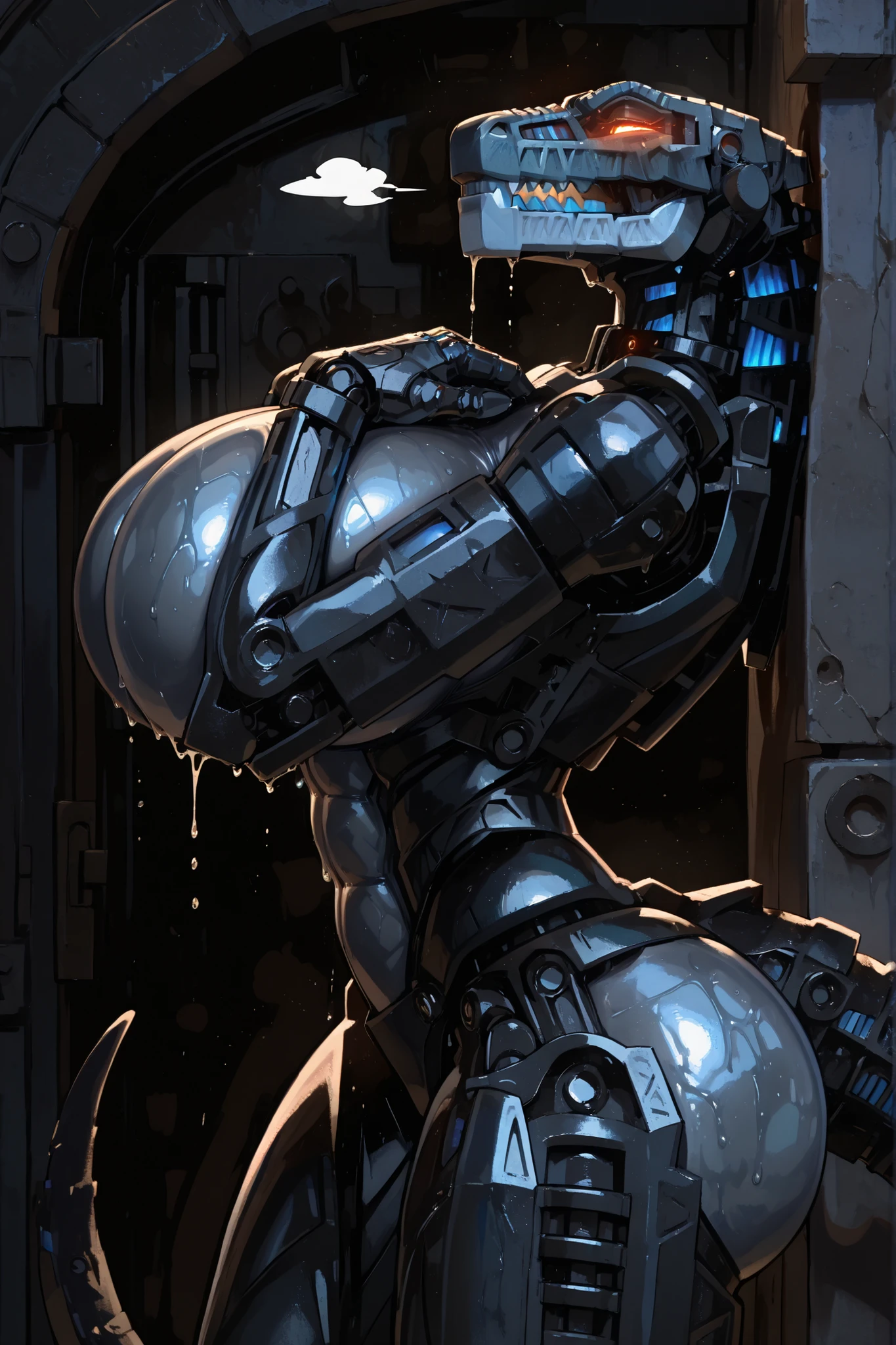 748cmstyle,l3g0, masterpiece, best quality, amazing quality, very aesthetic, high resolution, highly detailed, high quality, krekkov style, score_9, score_8_up, score_7_up , solo, muscular, roodaka, bionicle, anthro, dinosaur, lidded eyes, annoyed, glowing eyes, seductive pose, abs , breasts exposure, narrow waist, shiny body, metallic body, oiled body, jewelry, clothed, standing, gigantic breasts, gigantic thighs, gigantic ass, sweaty, dripping, tail, hands over chest, side view, arched back