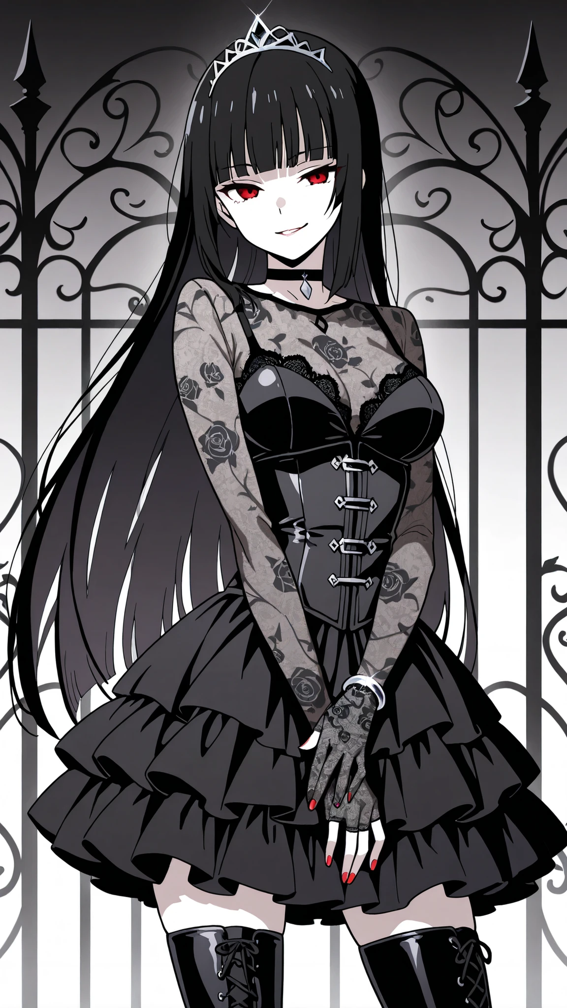 BREAK (masterpiece:1.2), best quality, high resolution, unity 8k wallpaper, (illustration:0.8),Anime-style black rose garden engulfed in dense pale fog, gothic iron fences barely visible in the distance, faint light filtering through mist, soft grayscale palette, haunting and quiet atmosphere, no people
,  yumeko jabami, long hair, bangs, black hair, very long hair, blunt bangs, hime cut, red eyes, medium breasts,tight corset over semi-transparent lace blouse, layered skirt made of tulle and satin, lace gloves, thigh-high boots, black choker with silver ornament, ,cowboy shot,seductive expression,red nails,silver bracelet,smirk