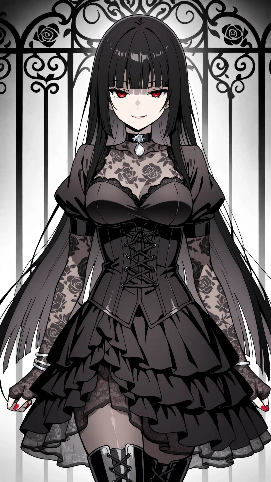 BREAK (masterpiece:1.2), best quality, high resolution, unity 8k wallpaper, (illustration:0.8),Anime-style black rose garden engulfed in dense pale fog, gothic iron fences barely visible in the distance, faint light filtering through mist, soft grayscale palette, haunting and quiet atmosphere, no people
, yumeko jabami, long hair, bangs, black hair, very long hair, blunt bangs, hime cut, red eyes, medium breasts,tight corset over semi-transparent lace blouse, layered skirt made of tulle and satin, lace gloves, thigh-high boots, black choker with silver ornament, ,cowboy shot,seductive expression,red nails,silver bracelet,smirk