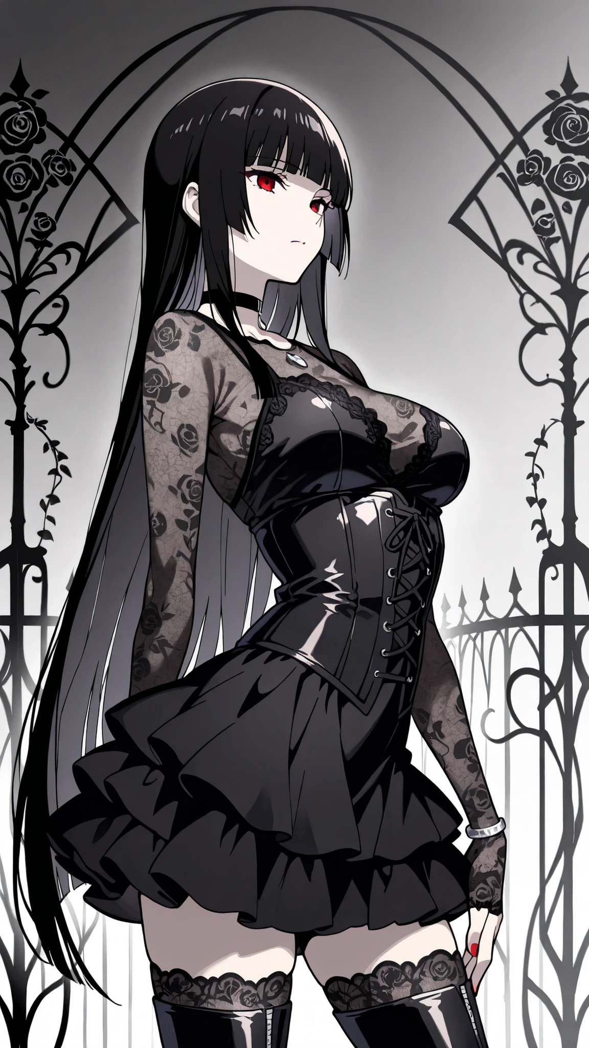 BREAK (masterpiece:1.2), best quality, high resolution, unity 8k wallpaper, (illustration:0.8),Anime-style black rose garden engulfed in dense pale fog, gothic iron fences barely visible in the distance, faint light filtering through mist, soft grayscale palette, haunting and quiet atmosphere, no people
,  yumeko jabami, long hair, bangs, black hair, very long hair, blunt bangs, hime cut, red eyes, medium breasts,tight corset over semi-transparent lace blouse, layered skirt made of tulle and satin, lace gloves, thigh-high boots, black choker with silver ornament, ,cowboy shot,seductive expression,red nails,silver bracelet,serious face,arched back,