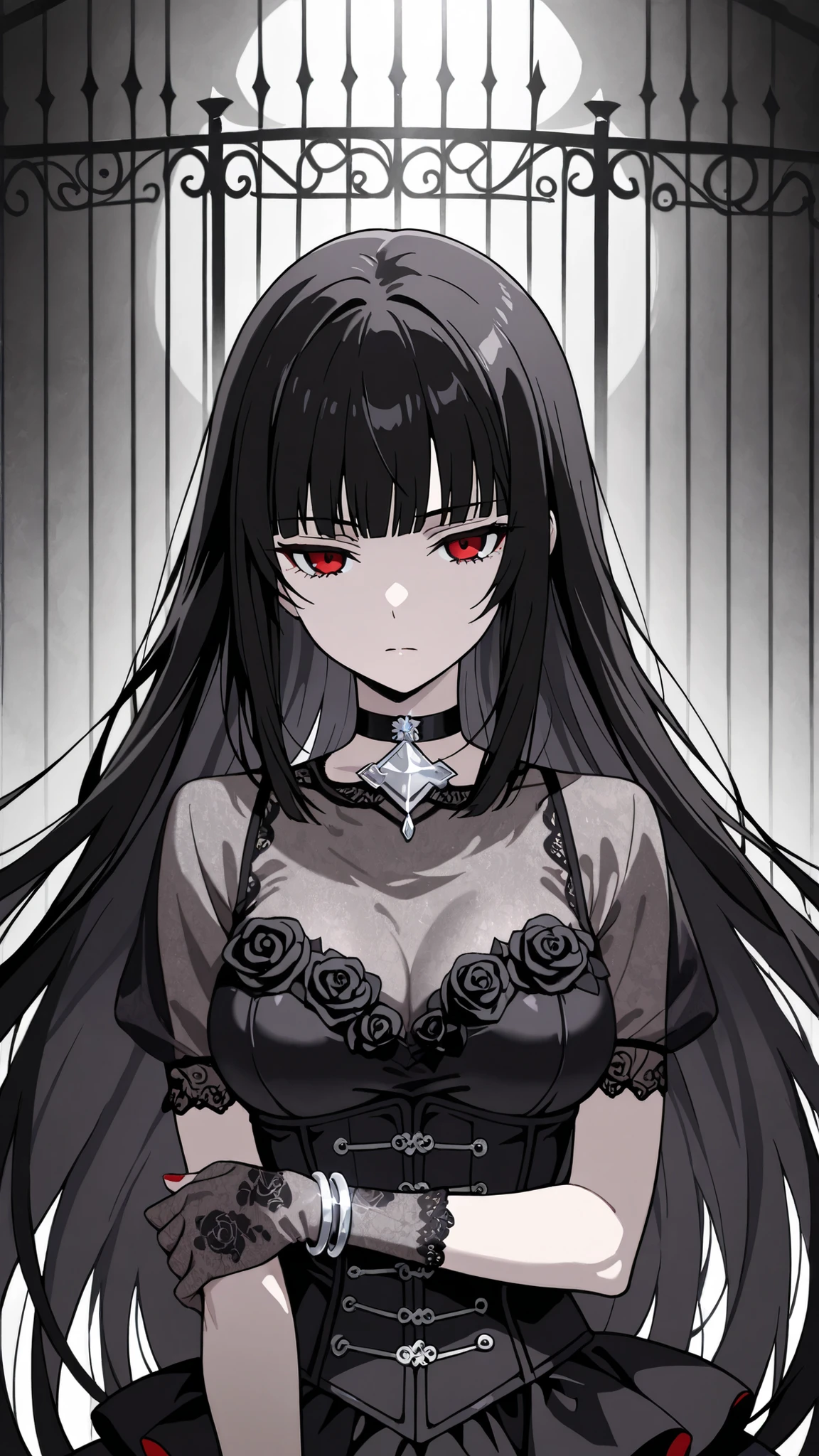BREAK (masterpiece:1.2), best quality, high resolution, unity 8k wallpaper, (illustration:0.8),Anime-style black rose garden engulfed in dense pale fog, gothic iron fences barely visible in the distance, faint light filtering through mist, soft grayscale palette, haunting and quiet atmosphere, no people
, yumeko jabami, long hair, bangs, black hair, very long hair, blunt bangs, hime cut, red eyes, medium breasts,tight corset over semi-transparent lace blouse, layered skirt made of tulle and satin, lace gloves, black choker with silver ornament, portrait,portrait shot,face close-up,seductive expression,red nails,silver bracelet,serious face,