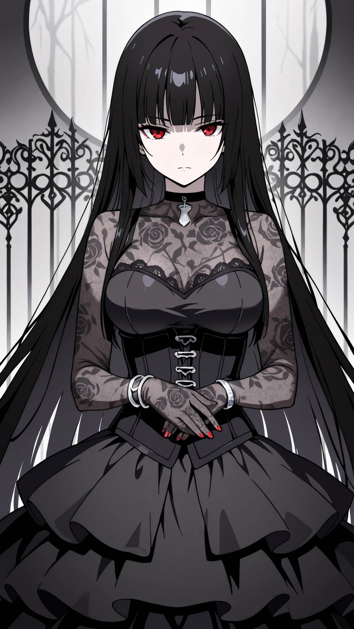 BREAK (masterpiece:1.2), best quality, high resolution, unity 8k wallpaper, (illustration:0.8),Anime-style black rose garden engulfed in dense pale fog, gothic iron fences barely visible in the distance, faint light filtering through mist, soft grayscale palette, haunting and quiet atmosphere, no people
, yumeko jabami, long hair, bangs, black hair, very long hair, blunt bangs, hime cut, red eyes, medium breasts,tight corset over semi-transparent lace blouse, layered skirt made of tulle and satin, lace gloves, black choker with silver ornament, portrait,portrait shot,face close-up,seductive expression,red nails,silver bracelet,serious face,