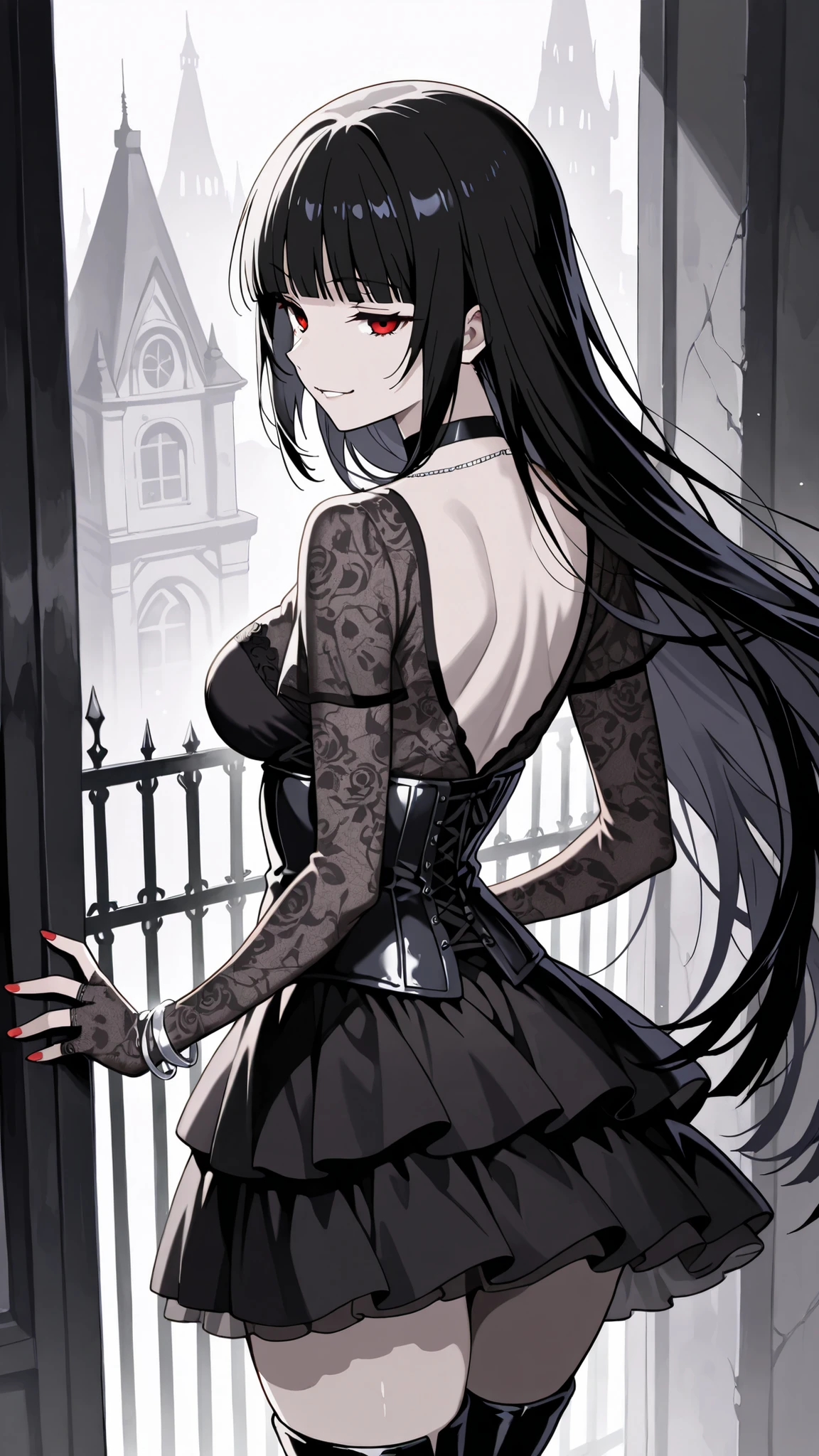BREAK (masterpiece:1.2), best quality, high resolution, unity 8k wallpaper, (illustration:0.8),Anime-style black rose garden engulfed in dense pale fog, gothic iron fences barely visible in the distance, faint light filtering through mist, soft grayscale palette, haunting and quiet atmosphere, no people
, yumeko jabami, long hair, bangs, black hair, very long hair, blunt bangs, hime cut, red eyes, medium breasts,tight corset over semi-transparent lace blouse, layered skirt made of tulle and satin, lace gloves, thigh-high boots, black choker with silver ornament, ,cowboy shot,seductive expression,red nails,silver bracelet,smirk,from behind,back shot,