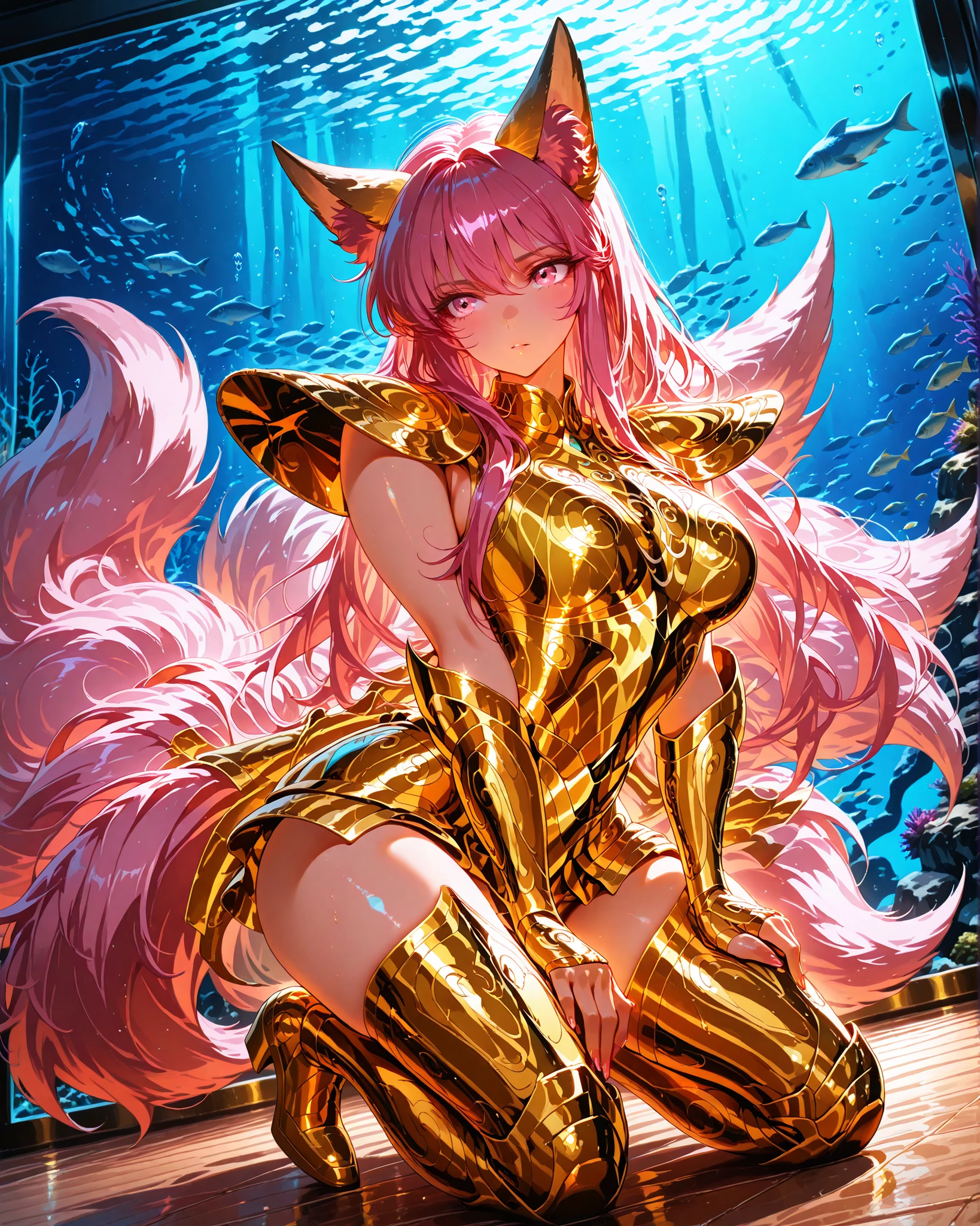 front angle, (masterpiece, 4k, ultra detailed, vivid and vibrant colors), {1woman}: (a beautiful and attractive woman, long pink hair, pink eyes, fluffy pink fox ears and tails, wears golden armor inspired by the anime Saint Seiya, but in a very revealing and sexy way, kneeling, hands on her thigh, observing an aquarium full of fish with a hungry expression, showing the prey), a beautiful atmosphere referencing the zodiac sign, perfect lighting creating shadows
