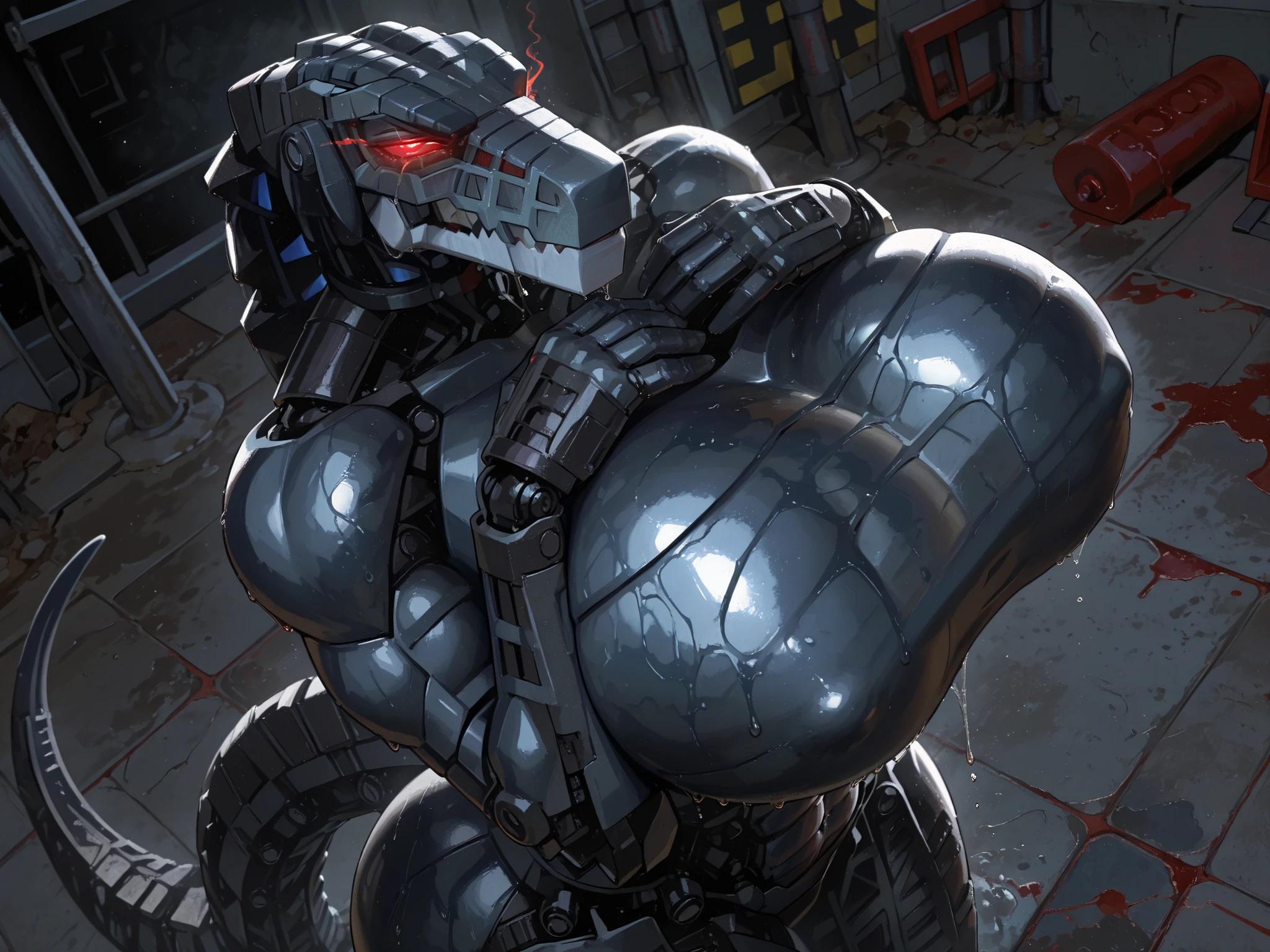 748cmstyle,l3g0, masterpiece, best quality, amazing quality, very aesthetic, high resolution, highly detailed, high quality, krekkov style, score_9, score_8_up, score_7_up , solo, muscular, roodaka, bionicle, anthro, dinosaur, lidded eyes, annoyed, glowing eyes, seductive pose, abs , breasts exposure, narrow waist, shiny body, metallic body, oiled body, jewelry, clothed, standing, gigantic breasts, gigantic thighs, gigantic ass, sweaty, dripping, tail, hands over chest, cinematic angle, arched back, from above