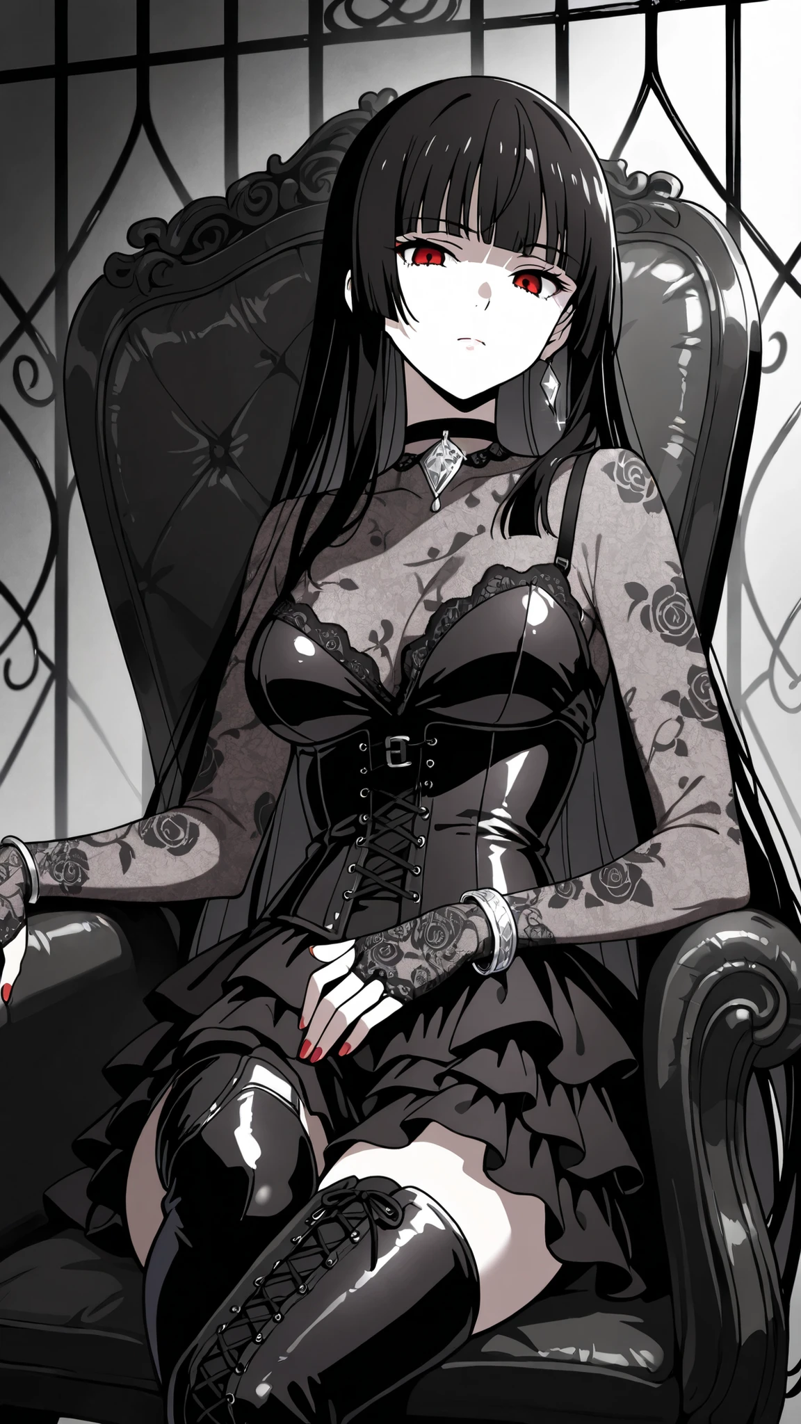 BREAK (masterpiece:1.2), best quality, high resolution, unity 8k wallpaper, (illustration:0.8),Anime-style black rose garden engulfed in dense pale fog, gothic iron fences barely visible in the distance, faint light filtering through mist, soft grayscale palette, haunting and quiet atmosphere, no people
,  yumeko jabami, long hair, bangs, black hair, very long hair, blunt bangs, hime cut, red eyes, medium breasts,tight corset over semi-transparent lace blouse, layered skirt made of tulle and satin, lace gloves, thigh-high boots, black choker with silver ornament, ,cowboy shot,seductive expression,red nails,silver bracelet,serious face,,sitting provocatively on a chair,leather chair,black chair,dramatic shadows,  pose, detailed textures,4k illustration,front shot