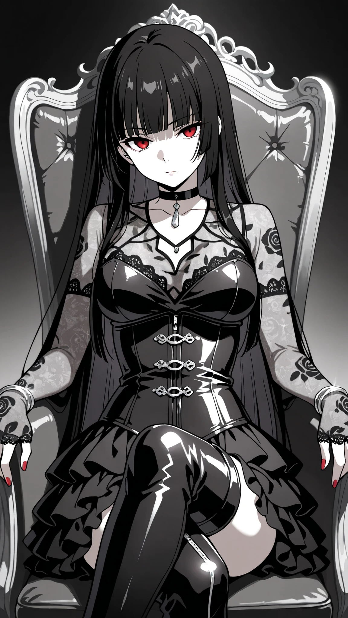 BREAK (masterpiece:1.2), best quality, high resolution, unity 8k wallpaper, (illustration:0.8),Anime-style black rose garden engulfed in dense pale fog, gothic iron fences barely visible in the distance, faint light filtering through mist, soft grayscale palette, haunting and quiet atmosphere, no people
, yumeko jabami, long hair, bangs, black hair, very long hair, blunt bangs, hime cut, red eyes, medium breasts,tight corset over semi-transparent lace blouse, layered skirt made of tulle and satin, lace gloves, thigh-high boots, black choker with silver ornament, ,cowboy shot,seductive expression,red nails,silver bracelet,serious face,,sitting provocatively on a chair,leather chair,black chair,dramatic shadows, pose, detailed textures,4k illustration,front shot