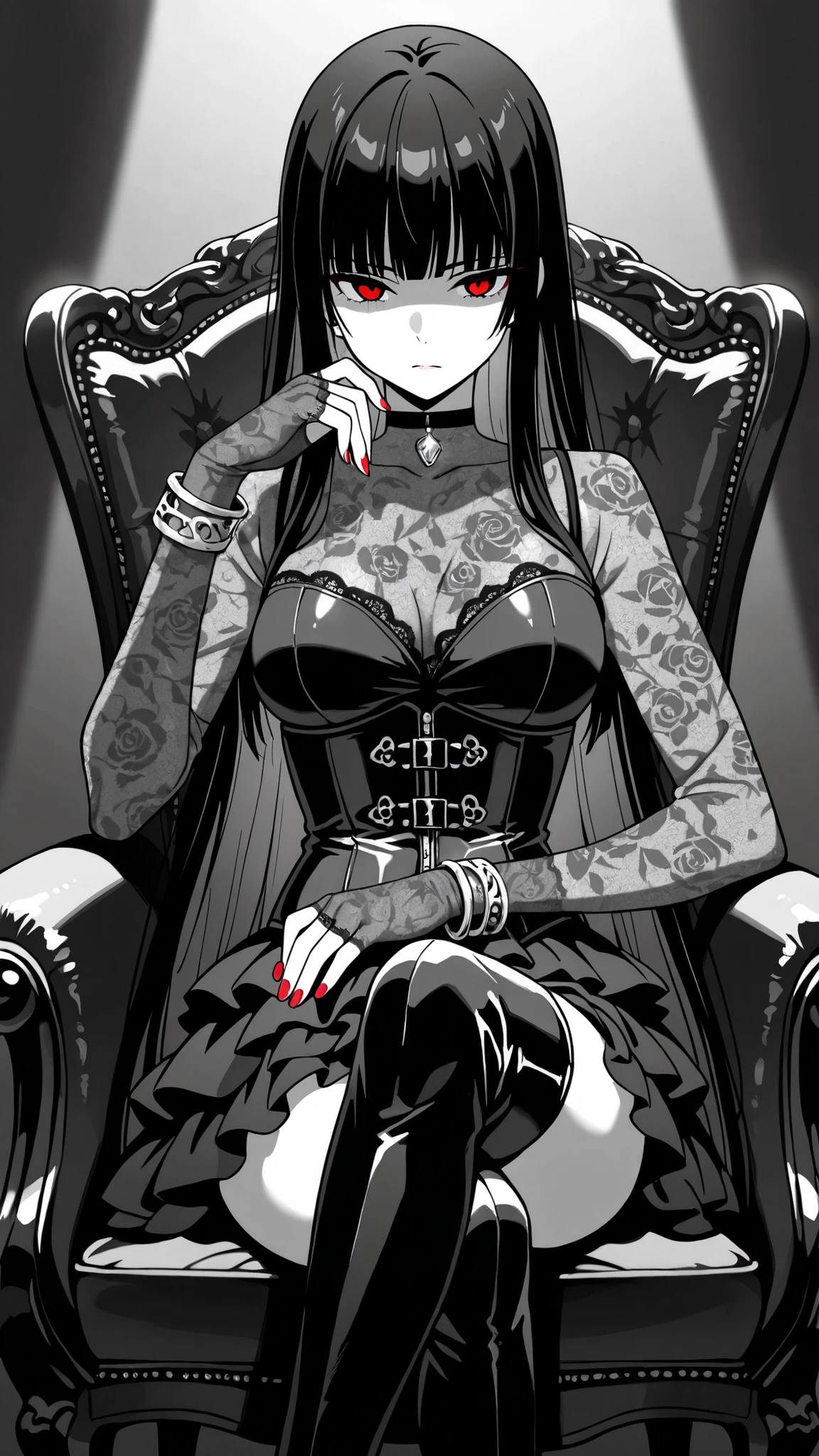 BREAK (masterpiece:1.2), best quality, high resolution, unity 8k wallpaper, (illustration:0.8),Anime-style black rose garden engulfed in dense pale fog, gothic iron fences barely visible in the distance, faint light filtering through mist, soft grayscale palette, haunting and quiet atmosphere, no people
, yumeko jabami, long hair, bangs, black hair, very long hair, blunt bangs, hime cut, red eyes, medium breasts,tight corset over semi-transparent lace blouse, layered skirt made of tulle and satin, lace gloves, thigh-high boots, black choker with silver ornament, ,cowboy shot,seductive expression,red nails,silver bracelet,serious face,,sitting provocatively on a chair,leather chair,black chair,dramatic shadows, pose, detailed textures,4k illustration,front shot
