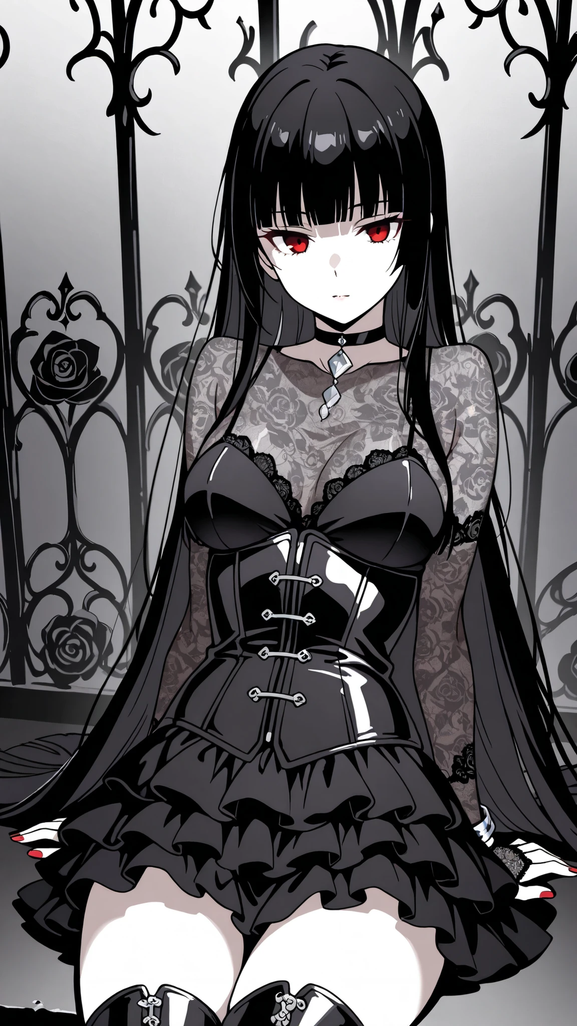 BREAK (masterpiece:1.2), best quality, high resolution, unity 8k wallpaper, (illustration:0.8),Anime-style black rose garden engulfed in dense pale fog, gothic iron fences barely visible in the distance, faint light filtering through mist, soft grayscale palette, haunting and quiet atmosphere, no people
, yumeko jabami, long hair, bangs, black hair, very long hair, blunt bangs, hime cut, red eyes, medium breasts,tight corset over semi-transparent lace blouse, layered skirt made of tulle and satin, lace gloves, thigh-high boots, black choker with silver ornament, ,cowboy shot,seductive expression,red nails,silver bracelet,sitting sensually, posture, leaning back with hands behind, alluring body curves,ultra detailed, 4k
