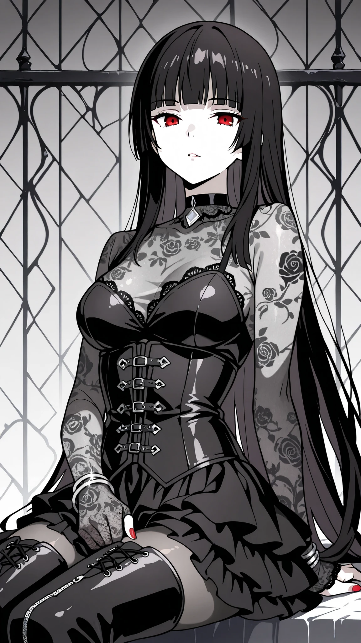 BREAK (masterpiece:1.2), best quality, high resolution, unity 8k wallpaper, (illustration:0.8),Anime-style black rose garden engulfed in dense pale fog, gothic iron fences barely visible in the distance, faint light filtering through mist, soft grayscale palette, haunting and quiet atmosphere, no people
,  yumeko jabami, long hair, bangs, black hair, very long hair, blunt bangs, hime cut, red eyes, medium breasts,tight corset over semi-transparent lace blouse, layered skirt made of tulle and satin, lace gloves, thigh-high boots, black choker with silver ornament, ,cowboy shot,seductive expression,red nails,silver bracelet,sitting sensually,  posture, leaning back with hands behind, alluring body curves,ultra detailed, 4k