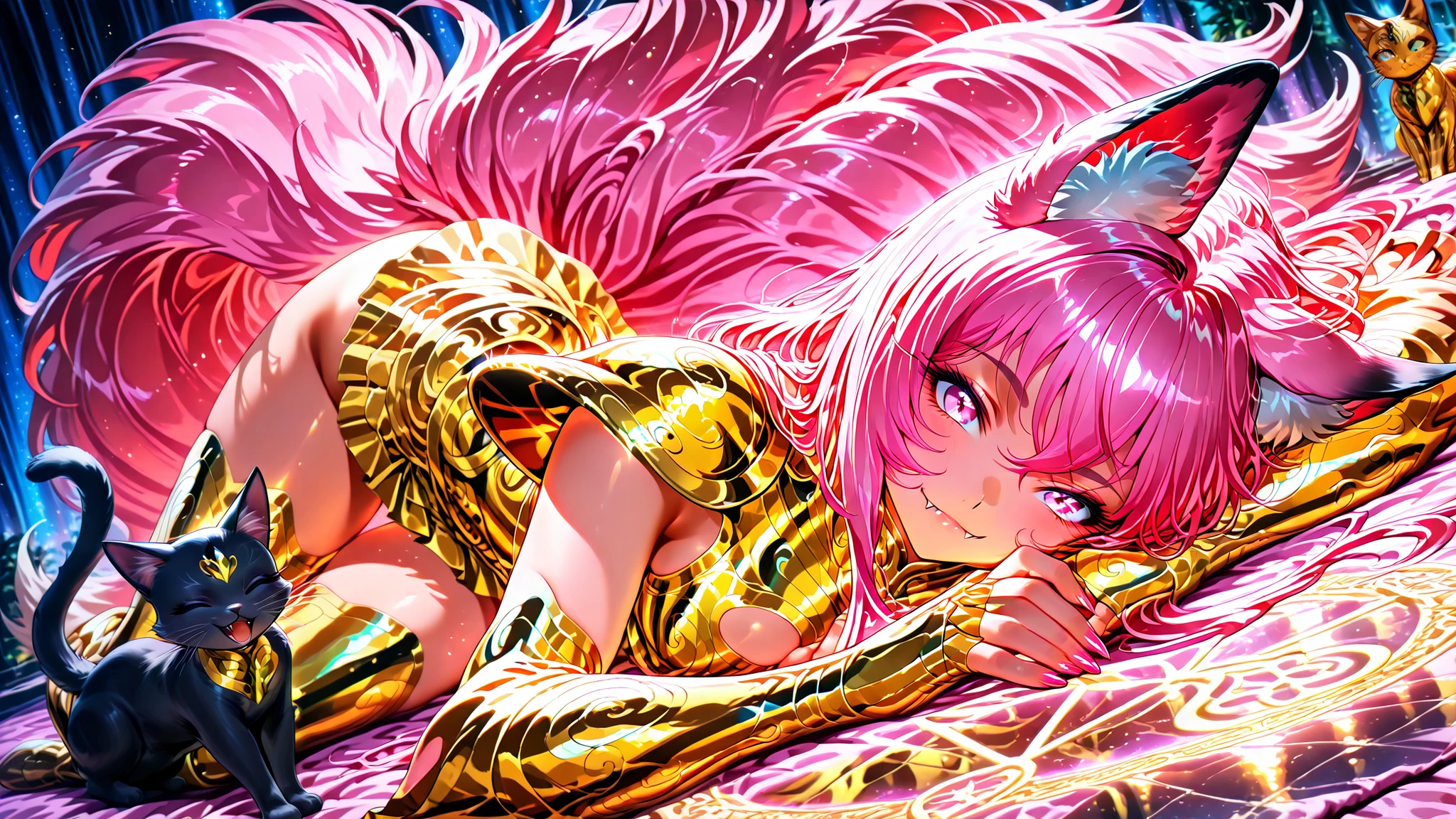 high angle, (masterpiece, 4k, ultra detailed, vivid and vibrant colors), {1woman}: (a beautiful and attractive woman, long pink hair, pink eyes, fluffy pink fox ears and tails, wears golden armor inspired by the anime Saint Seiya, but in a very revealing and sexy way, lying down, sly like a cat, in a cute pose, fists closed next to her face, smiling showing her fangs), a beautiful atmosphere referencing the zodiac sign, perfect lighting creating shadows
