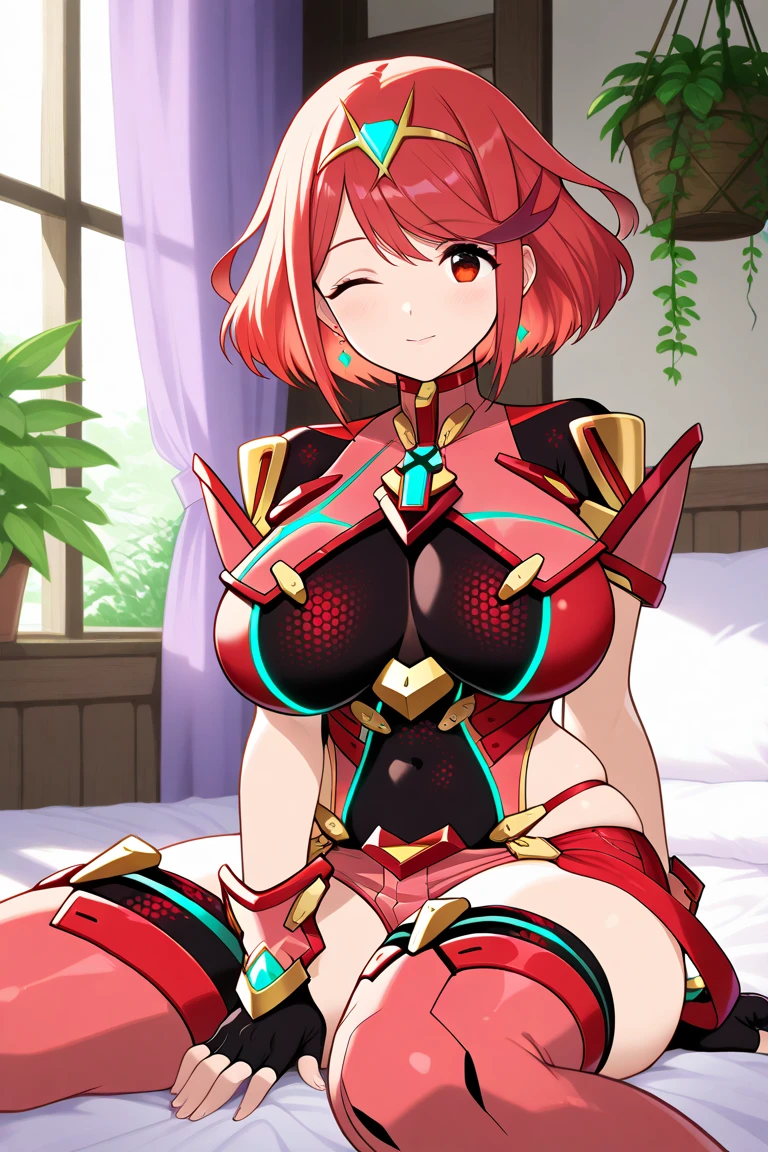 masterpiece, best quality, amazing quality, mj manga, looking at viewer, in bed, big window, nice scenery, hanging plants, thin purple curtains, (day), sunlight, BREAK 1girl, solo, maturefemale, pyra \(xenoblade\), red hair, short hair, swept bangs, bob cut, red eyes, tiara, earrings,  jewel, backless outfit, , covered navel, neon trim, clothing cutout, short sleeves, fingerless gloves, black gloves, short shorts, thigh boots, , small waist, big , big , sitting, winking