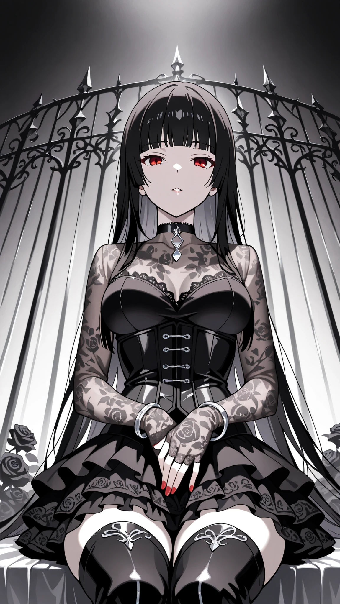 BREAK (masterpiece:1.2), best quality, high resolution, unity 8k wallpaper, (illustration:0.8),Anime-style black rose garden engulfed in dense pale fog, gothic iron fences barely visible in the distance, faint light filtering through mist, soft grayscale palette, haunting and quiet atmosphere, no people
, yumeko jabami, long hair, bangs, black hair, very long hair, blunt bangs, hime cut, red eyes, medium breasts,tight corset over semi-transparent lace blouse, layered skirt made of tulle and satin, lace gloves, thigh-high boots, black choker with silver ornament, ,cowboy shot,seductive expression,red nails,silver bracelet,sitting sensually, posture, leaning back with hands behind, alluring body curves,ultra detailed, 4k,from behind,back shot,from below,