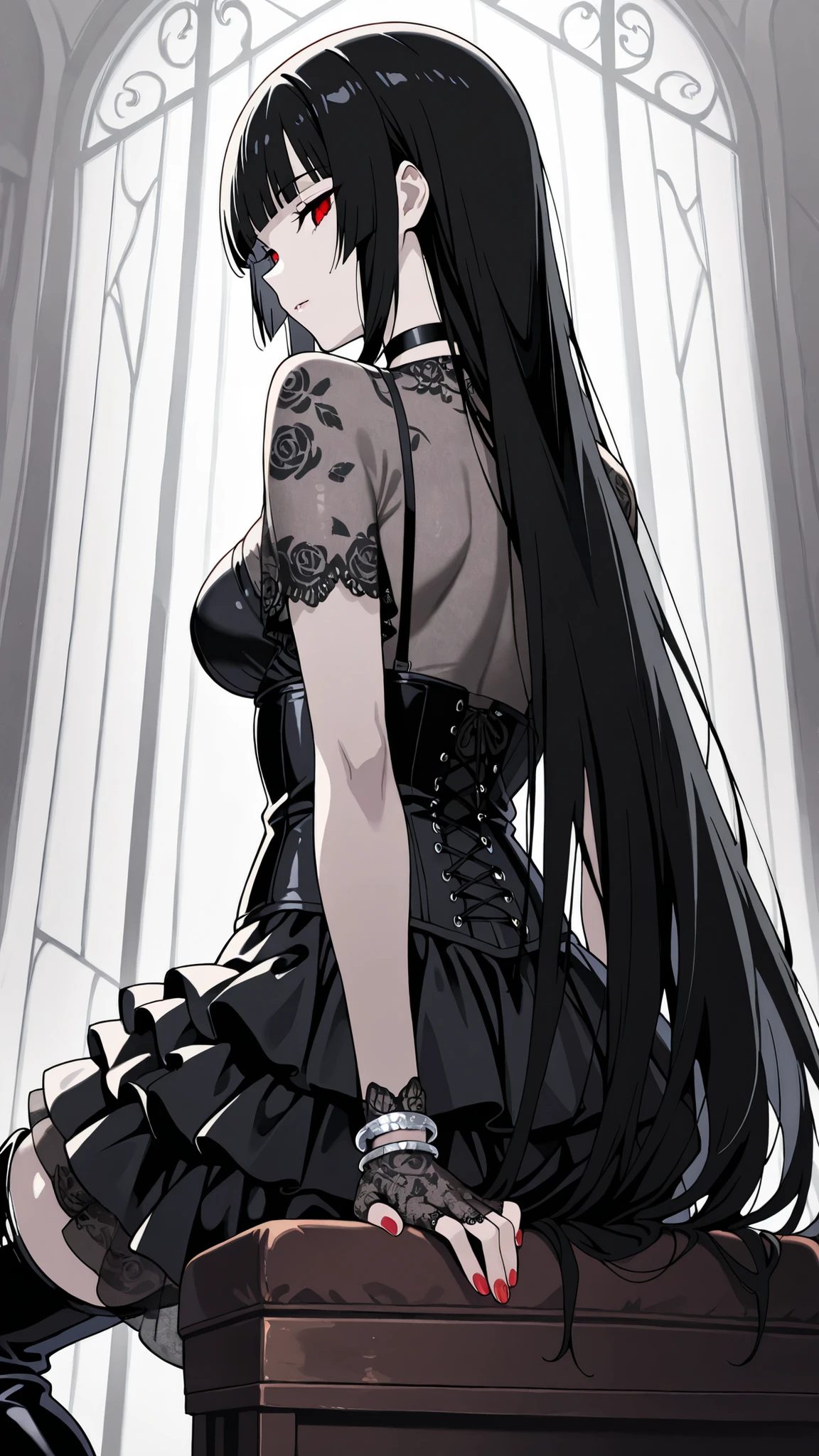 BREAK (masterpiece:1.2), best quality, high resolution, unity 8k wallpaper, (illustration:0.8),Anime-style black rose garden engulfed in dense pale fog, gothic iron fences barely visible in the distance, faint light filtering through mist, soft grayscale palette, haunting and quiet atmosphere, no people
, yumeko jabami, long hair, bangs, black hair, very long hair, blunt bangs, hime cut, red eyes, medium breasts,tight corset over semi-transparent lace blouse, layered skirt made of tulle and satin, lace gloves, thigh-high boots, black choker with silver ornament, ,cowboy shot,seductive expression,red nails,silver bracelet,sitting sensually, posture, leaning back with hands behind, alluring body curves,ultra detailed, 4k,from behind,back shot,from below,