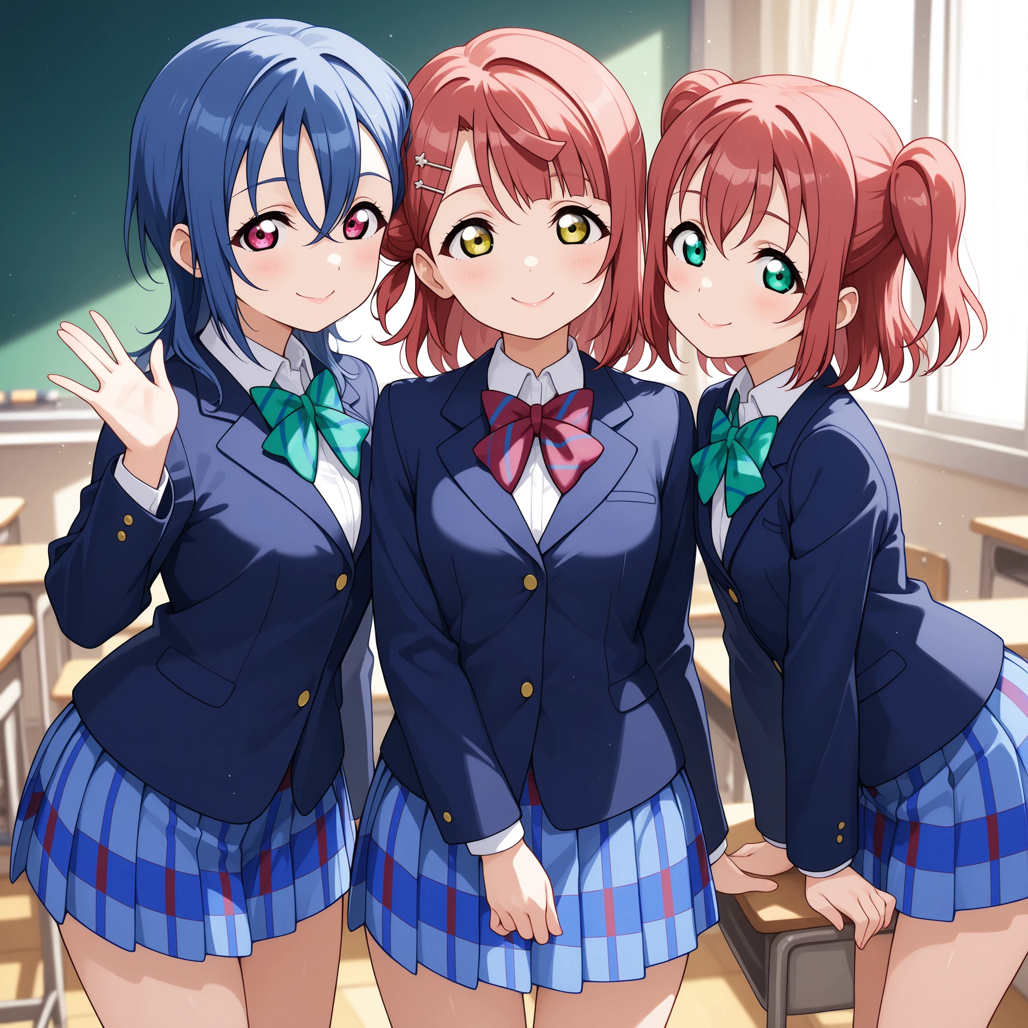 best quality, best detailed, perfect , anime style, three girls, Kurosawa Ruby, Uehara Ayumu , Wakana Shiki, Love Live!, large eyes, standing, otonokizaka school uniform ,winter uniform, blue blazer, striped bow tie ,pleated skirt,button shirt, looking at viewer, smile face,closed mouth,glossy lips, classroom background