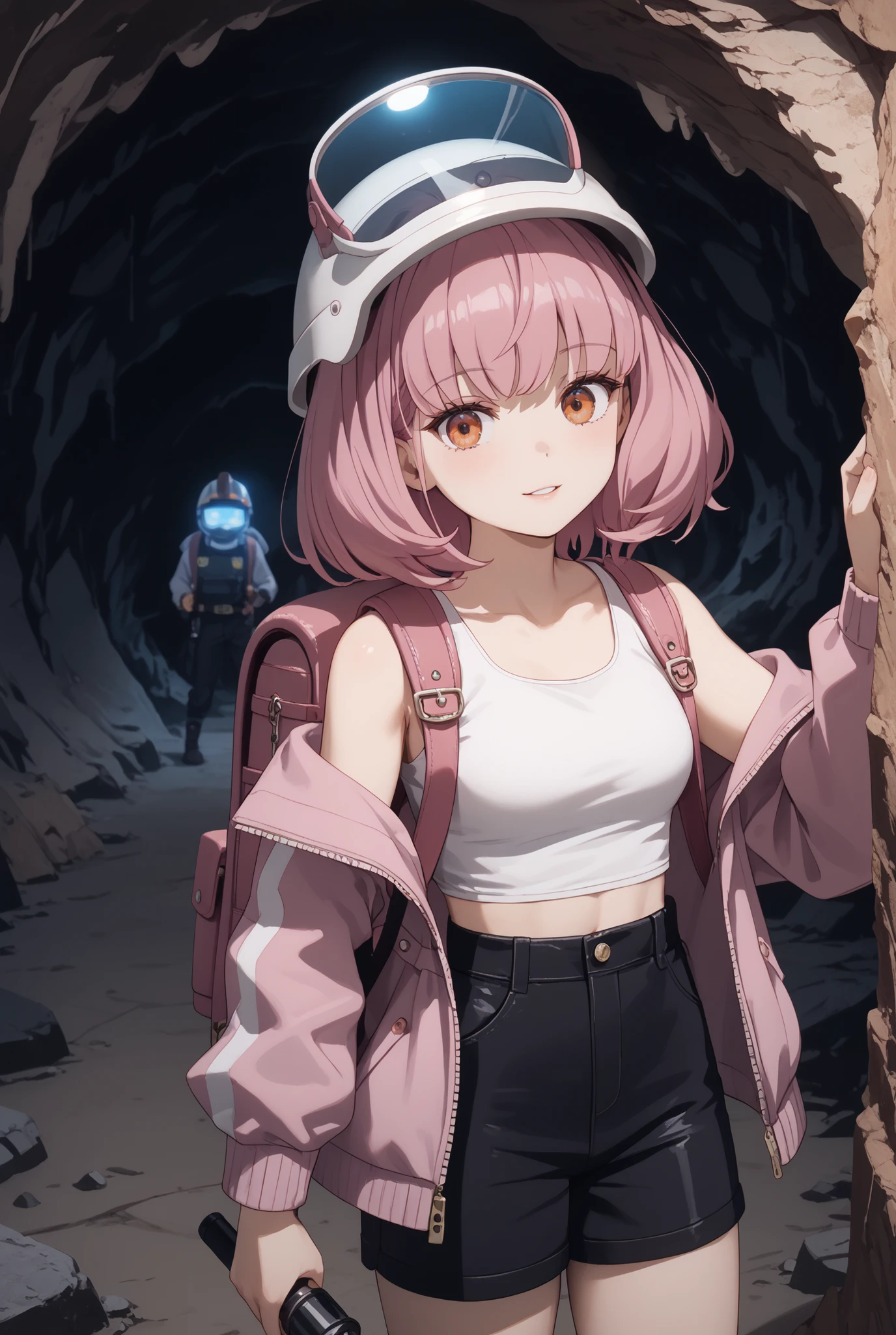 (In a corner of Zaha Cave), (A, In a corner of Zaha Cave can be seen through a gap where about one adult woman can pass, Unknown Underground Cave, Suizei Castle), (adult woman), (Safety Helmet , backpack), (Pink Leather Jacket, white cropped sleeveless, black shorts), ( flashlight that seriously screams ), ( bright and clear skin ), (A look of curiosity), (dark orange eyes), (pink hair color with soft natural light), (short hair without bangs and smooth skin), (female explorer In a corner of Zaha Cave is admiring the greatness of nature in an underground cave),Natural three-dimensional effect, Highest Quality, very detailed, very detailed, 4K, 8k,