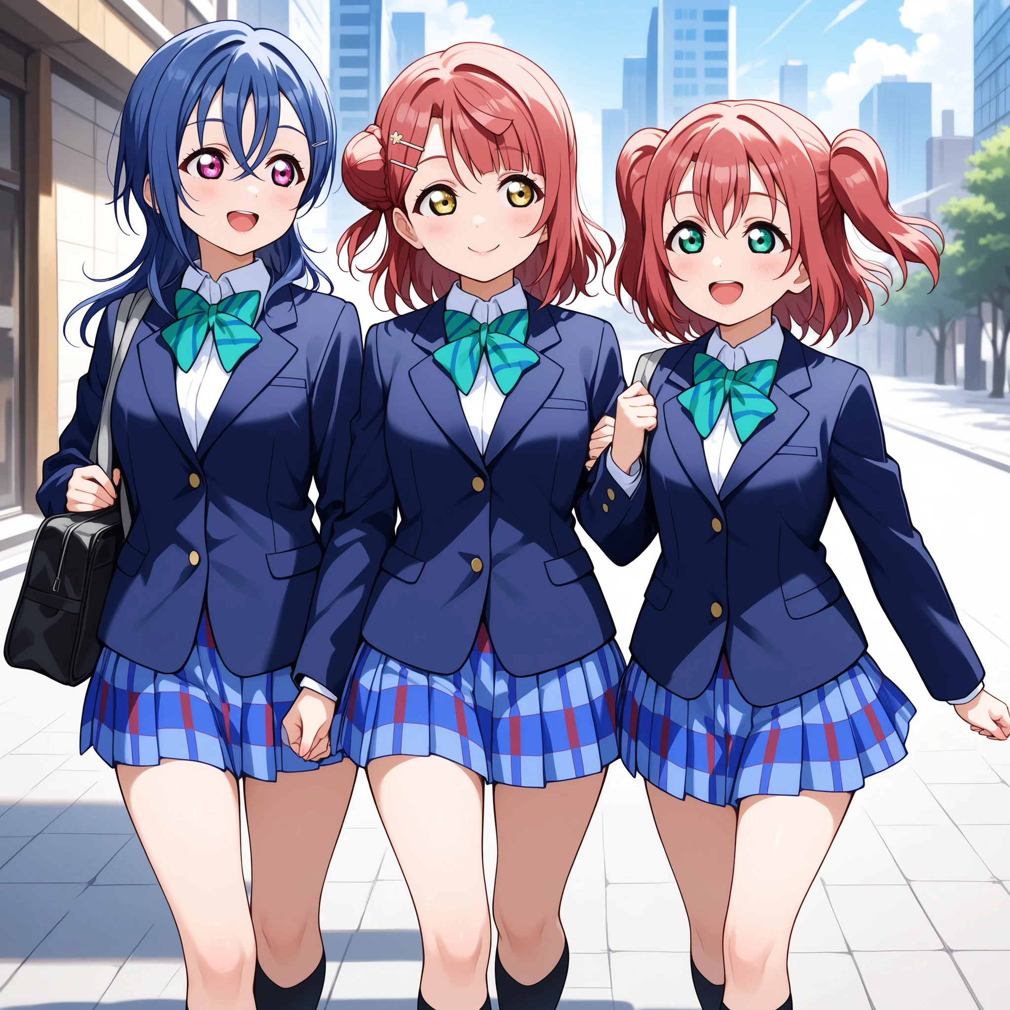 best quality, best detailed, perfect , anime style, three girls, Kurosawa Ruby, Uehara Ayumu , Wakana Shiki, Love Live!, large eyes, standing, otonokizaka school uniform ,winter uniform, blue blazer, striped bow tie ,pleated skirt,button shirt, walking , smile face,open mouth,glossy lips,outdoor ,city