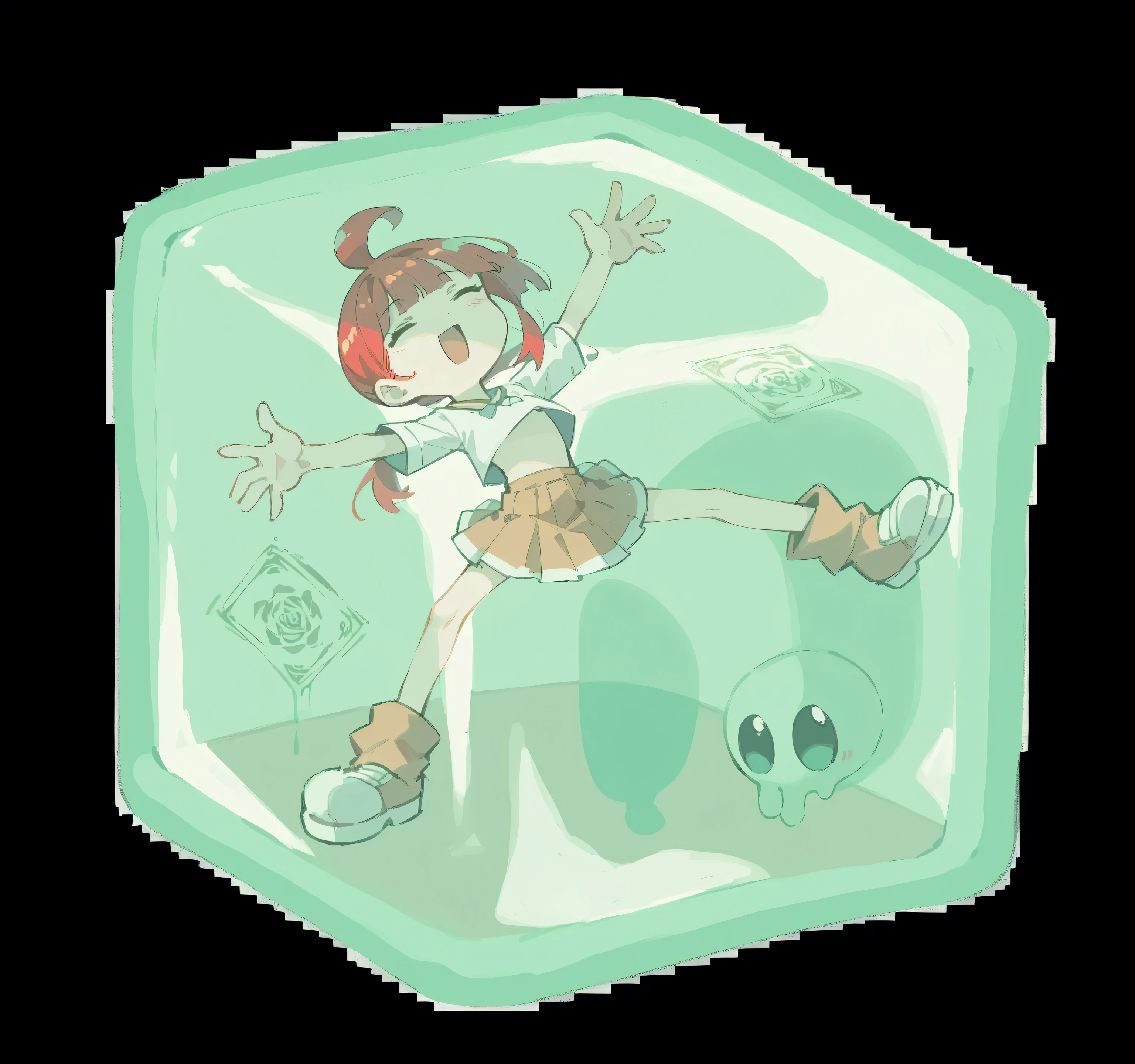 masterpiece masterpiece, ultra-HD, impressionism, high detail, best quality, very aesthetic, 8k, best quality, beautiful, tmchng , anime coloring, 1 woman , red hair , eyes closed , open mouth , skirt , fainted , long legs , , stuck in slime