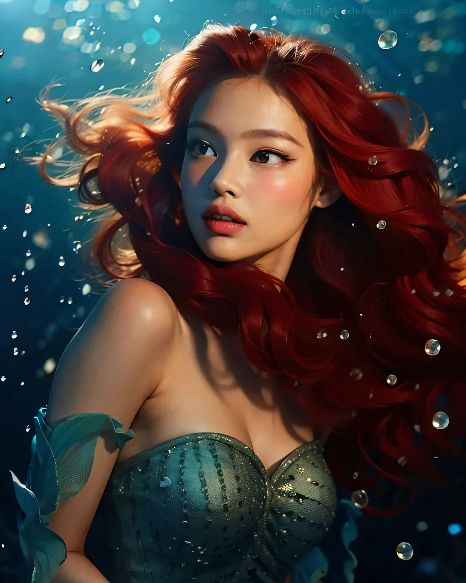 uma mulher com cabelo vermelho e um top roxo, Deusa dos cabelos ruivos, Ariel, a Pequena Sereia, extremamente realista, Cores abstratas, textura, filmic grain, poros da pele, dusty atmospheric haze, vinheta, intrincado hasselblad dslr 8K RAW foto de retrato