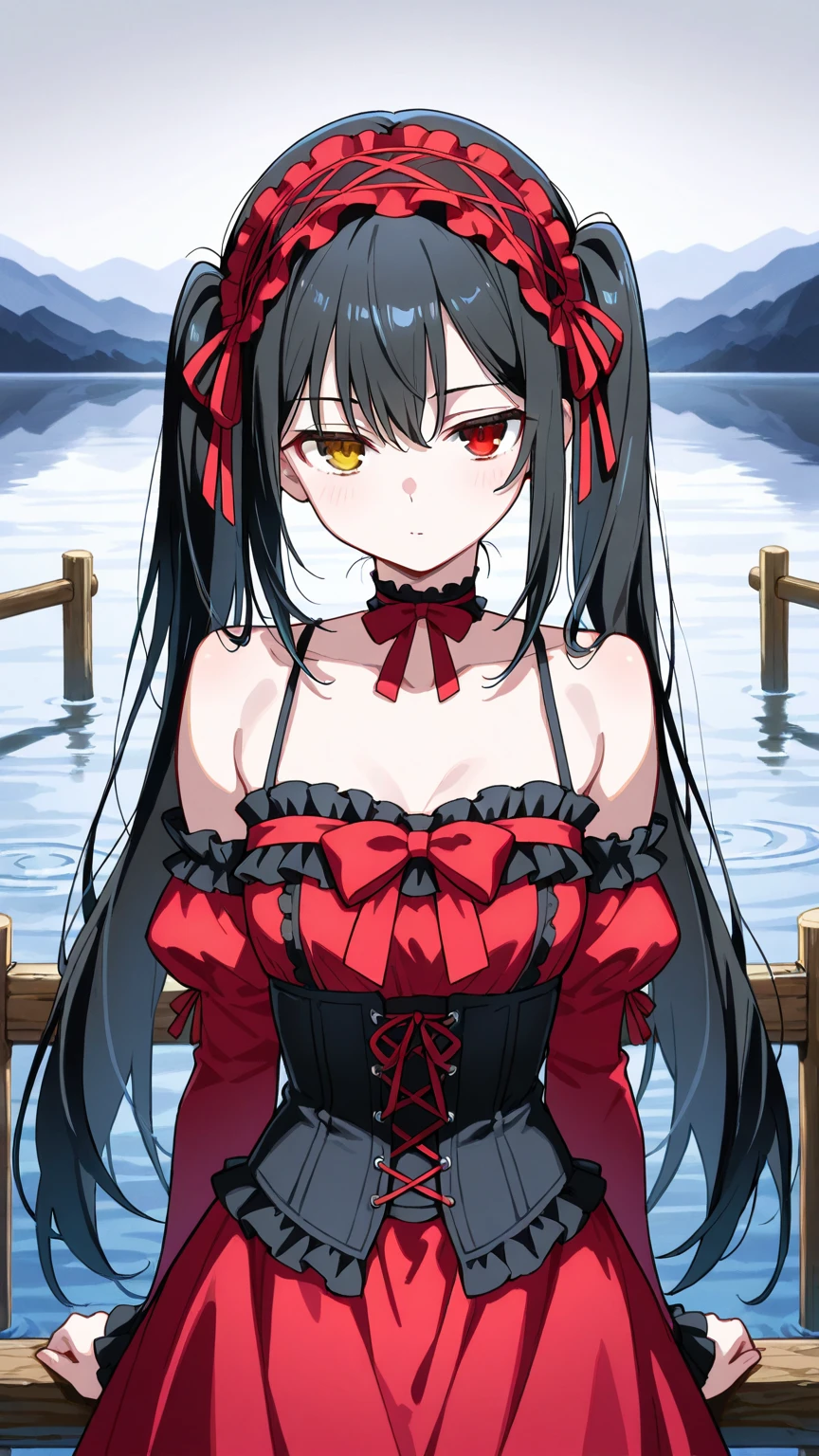 6 years old、four beautiful girls、gothic、witch, happy smile、beautiful background, (river, swimming pool and fantasy), four girls,