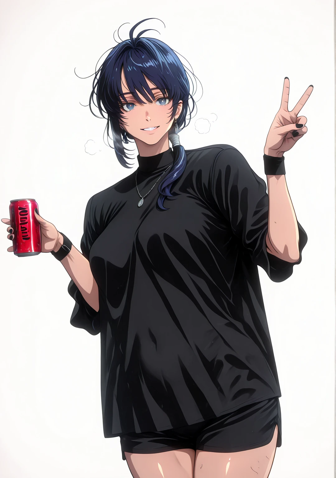 L_Cation2, Babu-style, Hgk, (yoshio_(55level)-style:1.4), (mostlybluewyatt-style:1.3), (takeuchi_takashi-style:1.2), (imizu_(nitro_unknown)-style:1.3), (anime coloring, anime screencap), shiny skin, (voluptuous body:1.4), (mature female:1.4), (cellulite:1.3), ((vignetting)), ((anatomical correct)), ((Cinematic, high quality, newest, UHD, masterpiece)), perfect body, perfect eyes, perfect fingers, gasping, heavy breathing, gasping profusely, ((overhang)), ((curvy)), hair over shoulder, low ponytail, blue hair, blue eyes, bright pupils, plump solo, can, black_nails, jewelry, shirt, black_shirt, white_background, holding, necklace, 1girl, earrings, shorts, v, smile, looking_at_viewer, holding_can, simple_background, nail_polish, wristband, open_mouth, black_shorts, antenna hairs, messy hair, 