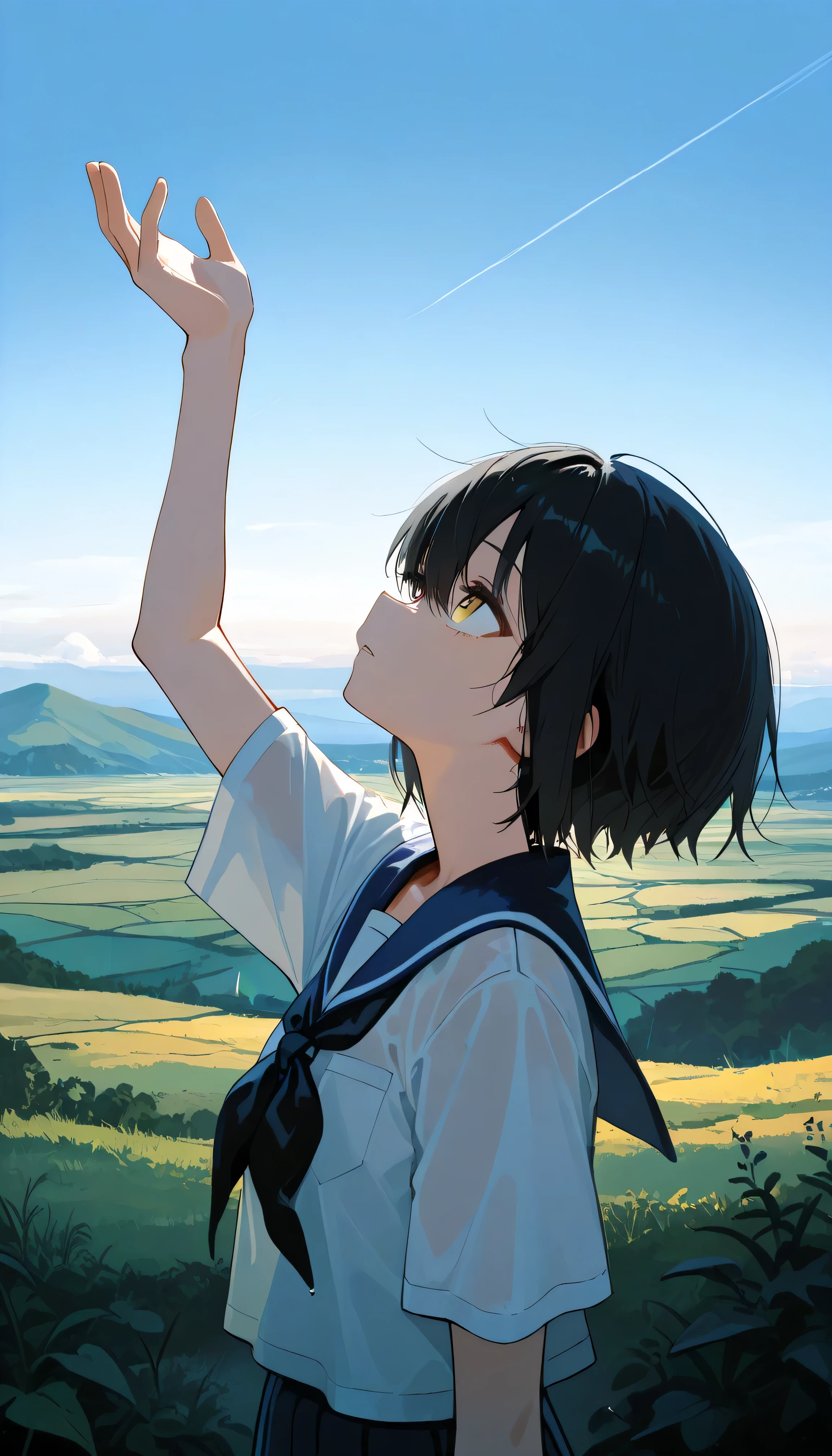 a landscape after the rain, outdoor, outside,look up at a clear sky,create a bright image that makes you feel a new beginning, black short hair, yellow eyes, summer, korean highschool uniform, One hand stretched out to the sky