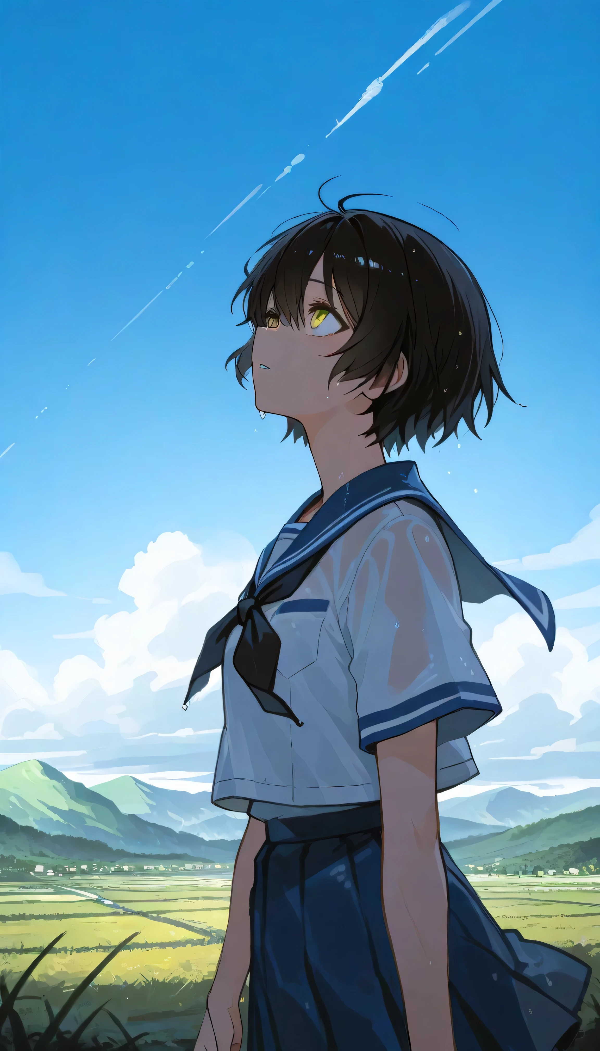 a landscape after the rain, outdoor, outside,look up at a clear sky,create a bright image that makes you feel a new beginning, black short hair, yellow eyes, summer, korean highschool uniform, One hand stretched out to the sky