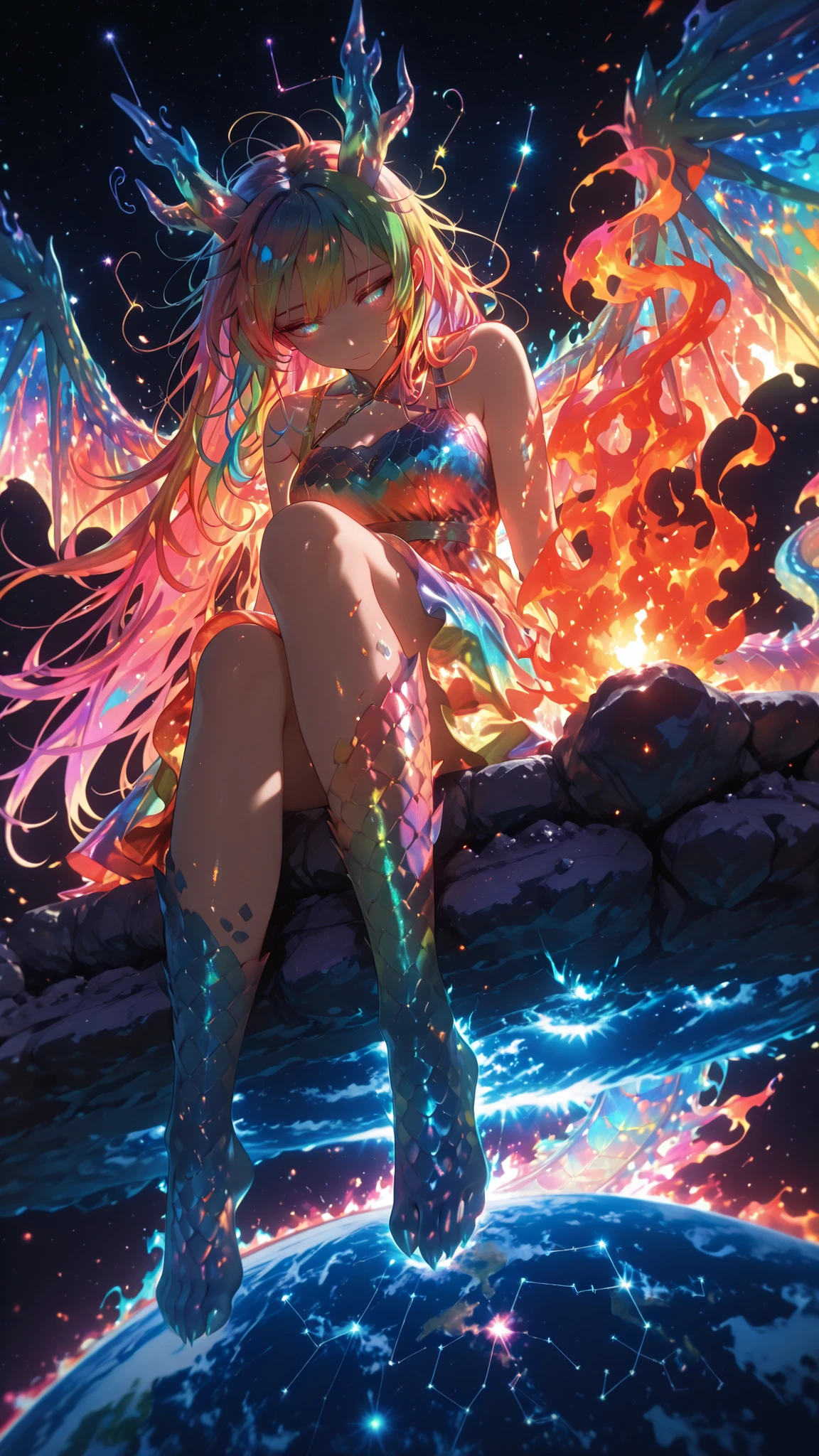 masterpiece, best quality, newest, dynamic angle, motion blur, looking down, ((close up of a dragon girl)), ((fire splash effect, swirling fire, colorful fire)), dragon eyes, colorful eyes, ((space, earth below, sitting on asteroid)), glowing eyes, ((scaled, colorful scales, glimmering scales, glowing scales)), messy hair, colorful hair, stark hair, glowing hair, very long hair, upper body, long hair, colorful dress with constellation trimmings, modest dress, sleeveless, colorful dragon scales, lonely, floating in space, ((translucent dragon wings, constellation wings, translucent dragon tail, constellation tail, constellation dragon horns, colorful aura, fire splash effect, colorful fire)), dynamic illustration, dramatic lighting, speed lines, colorful splash effect,