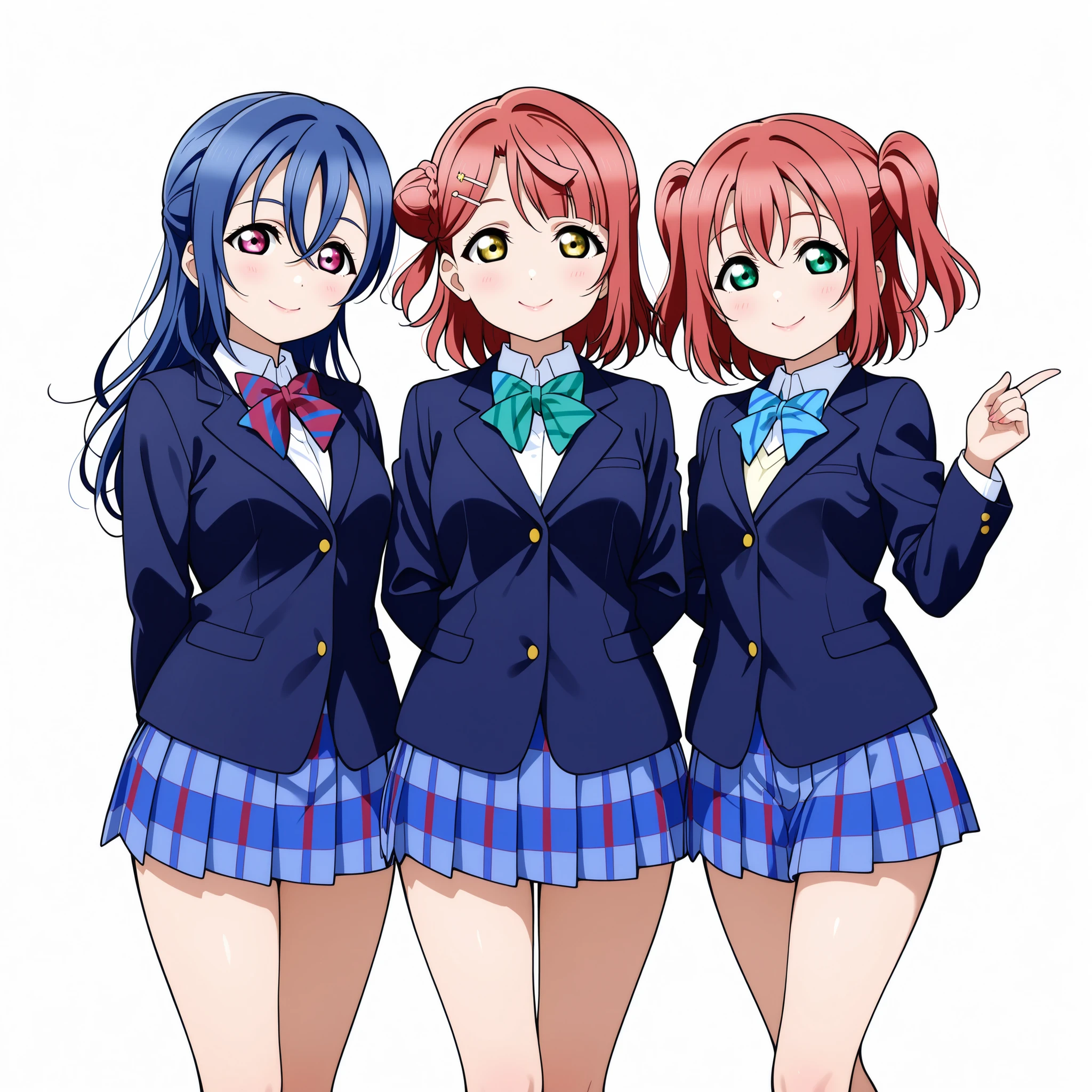 best quality, best detailed, perfect , anime style, three girls, Kurosawa Ruby, Uehara Ayumu , Wakana Shiki, Love Live!, large eyes, standing, otonokizaka school uniform ,winter uniform, blue blazer, striped bow tie ,pleated skirt,button shirt, thigh ,standing ,cowboy shot, natural face,closed mouth,glossy lips, white background