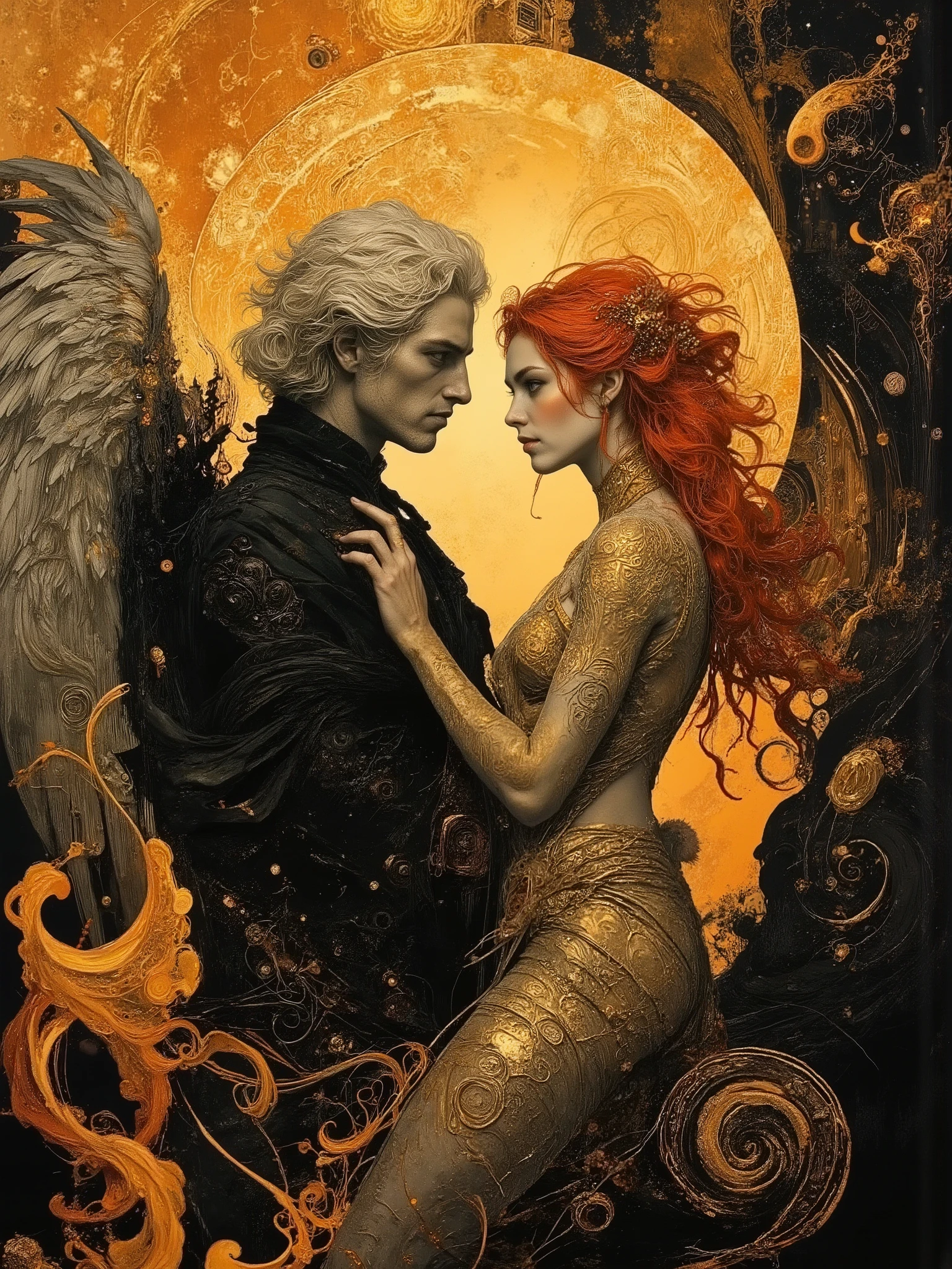 (masterpiece),(Highest quality),(Super detailed),(Ultra-high resolution) , (Best illustrations), 32k, an ancient luxurious temple,dynamic lights, shiny, glitter
Done in a balanced and vivid impressionist style symbolizing harmony of opposites ((and the search for spiritual transcendence through practicing mindfulness of self and psychological clarity, or learning philosophical reason logic and truth, as well as coming to terms with the metaphysical laws of our existence. In a word, wholeness with the true source.))
A captivating portrait shows an angel and a demon in staring at each other and enraptured. On the left appearing 40, a handsome aquiline looking man with short stylish white hair and a wry expression wears a dark, fancy high-collared coat and other expensive but tasteful accoutrements. He has silver and white feathered wings and a faint glowing halo, symbolizing his angelic nature. On the right looking no more than 28 years old, a beautiful pale skinned woman short of stature with long, red hair is seen wearing a roguish grin and dressed in an eclectic blend ((of street, grunge, secondhand and 1st hand designer finery and God only knows, each piece used to highlight her sensual, seductive nature)) that somehow matches in some bizarre way. She has fiery raven wings, with flames rising behind her, figures are facing each other, their intense gazes creating a powerful contrast between light and darkness and a shocking truth, they long to touch one another and their look is full of love. Massive energies whirl around these 2 and an eclipse of the Sun heralds their union with a foreboding air. Done in a balanced and vivid impressionist style symbolizing harmony of opposites ((and the search for spiritual transcendence through practicing mindfulness of self and psychological clarity, or learning philosophical reason logic and truth, as well as coming to terms with the metaphysical laws of our existence. In a word, wholeness with the true source.))