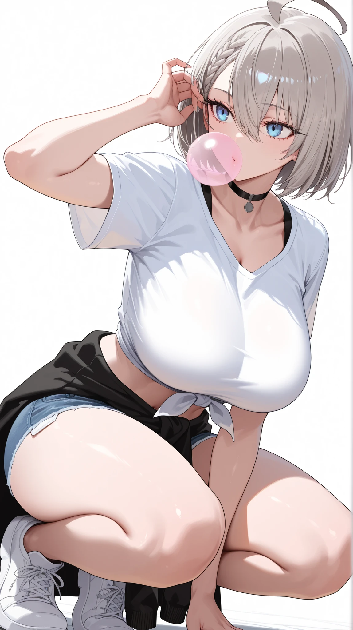 1girl, solo, anime girl, elegant, badass, baltimore, masterpiece, very aesthetic, grey hair, ahoge, short hair, french braid, hair between eyes, bob cut, light blue eyes, sharp eye outlines, long eyelashes, big breasts, midriff, curvy body, white shirt, tied shirt, short sleeve, denim booty shorts, white shoes, black jacket around waist, black choker, blowing bubble gum, bubble gum, squatting, dynamic angle, white background, simple background, soft skin, volume light, depth of field, high detail, highres, ultra-detailed, detailed face, (detailed eyes), (perfect eyes), perfect composition, intricate details, detailed and polished anime style, (detailed hand), (perfect hand), 4K, 8K